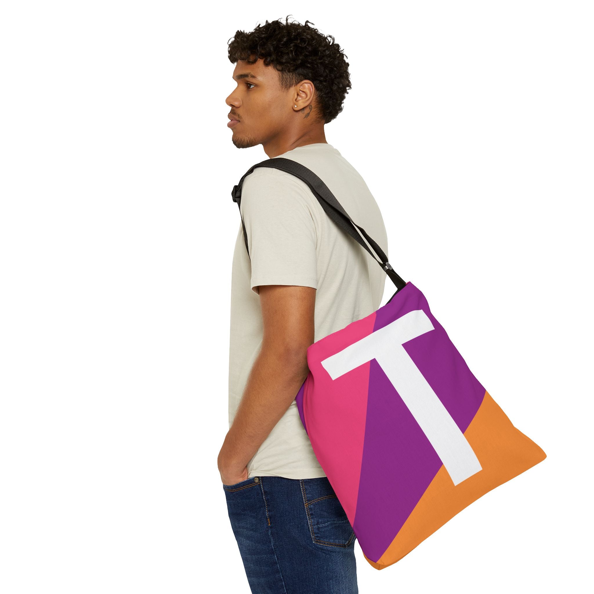 Initial Letter 'T' Colorblock Adjustable Tote Bag — Monogram Alphabet Shoulder Bag