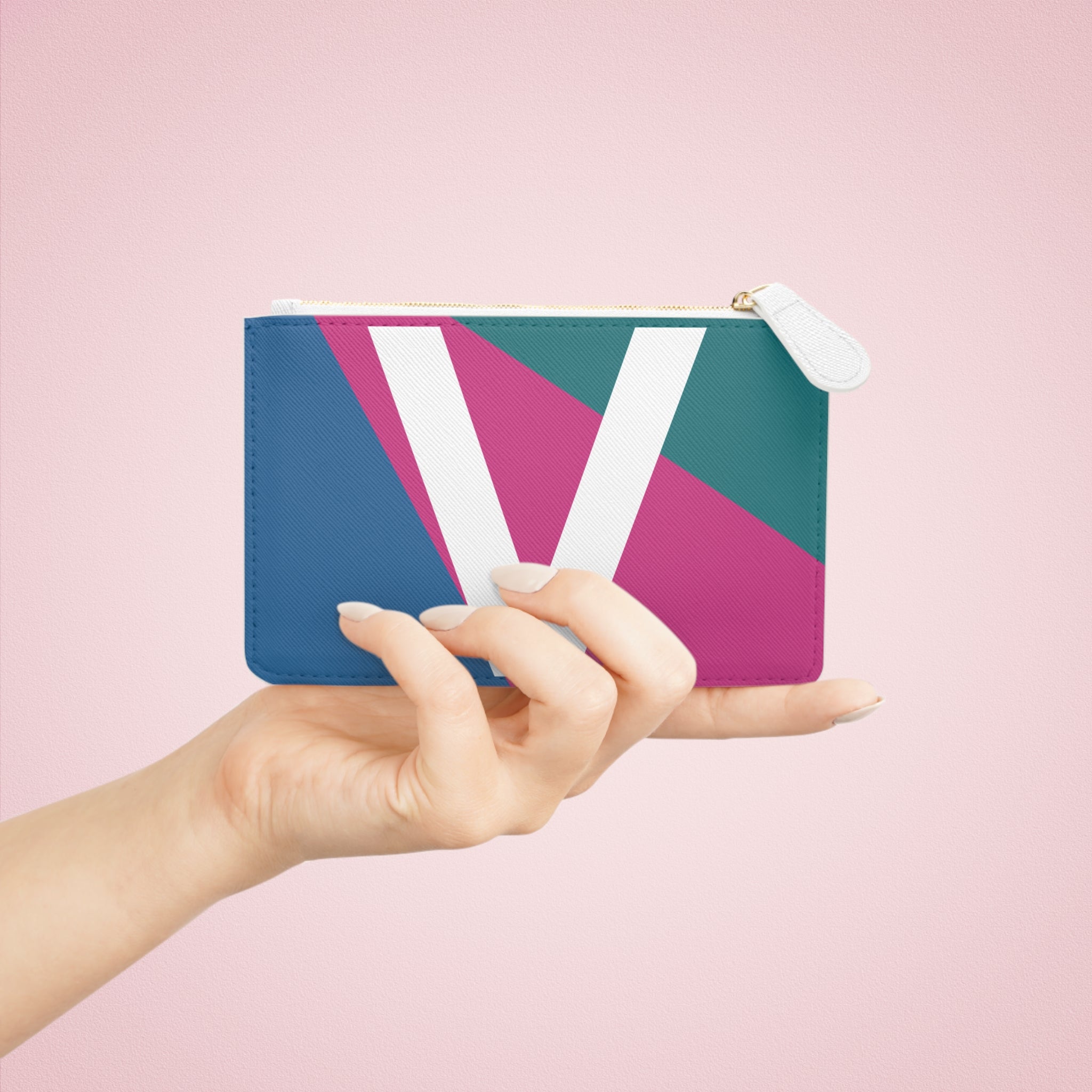 Initial V Mini Clutch — Colorblock Monogram Wristlet Wallet