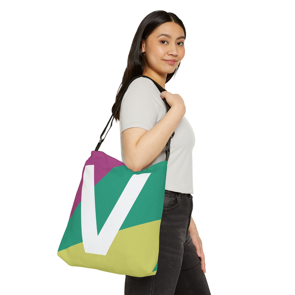 Initial Letter 'V' Colorblock Adjustable Tote Bag — Monogram Alphabet Shoulder Bag