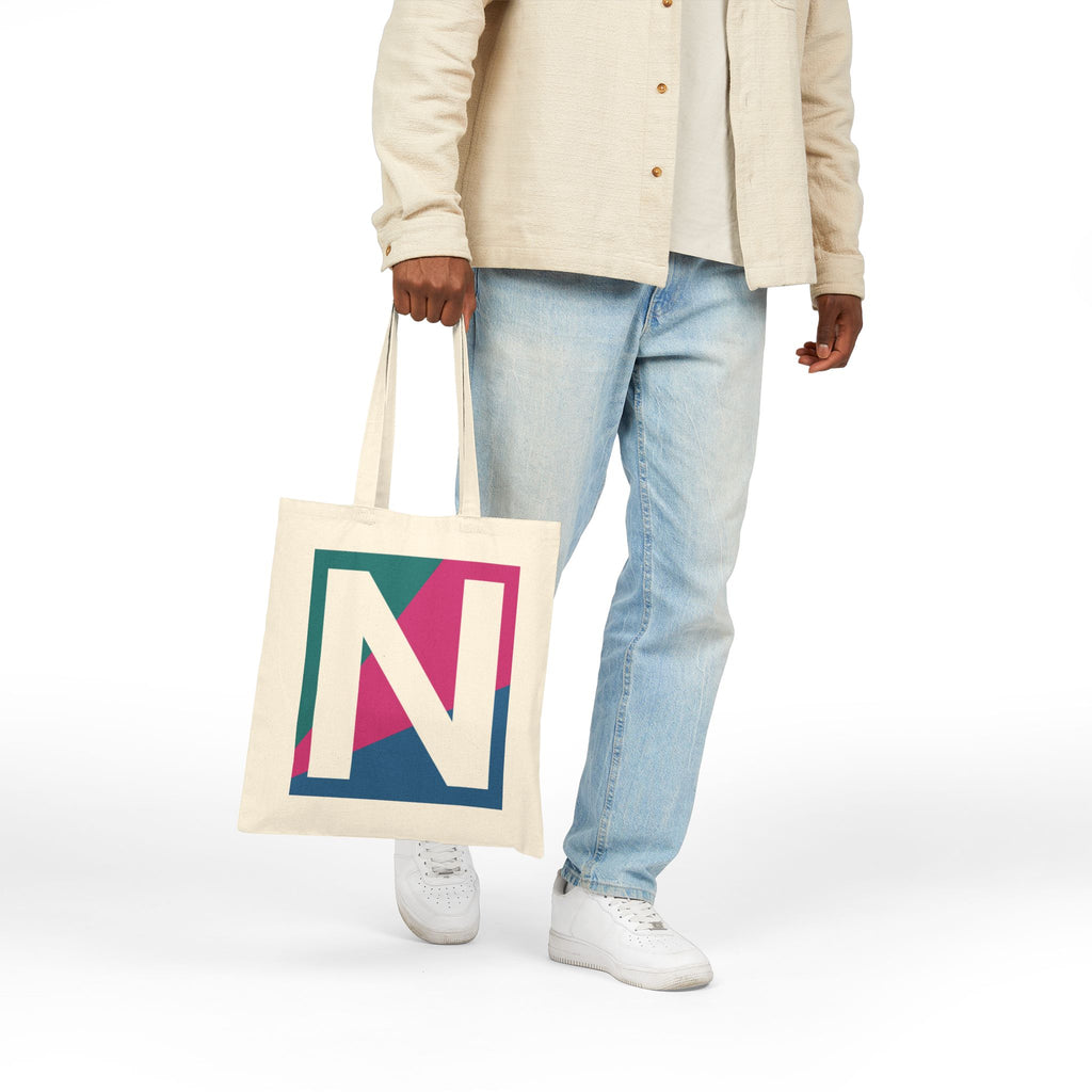 Initial N Colorblock Canvas Tote Bag — Monogram Letter N Reusable Grocery Tote