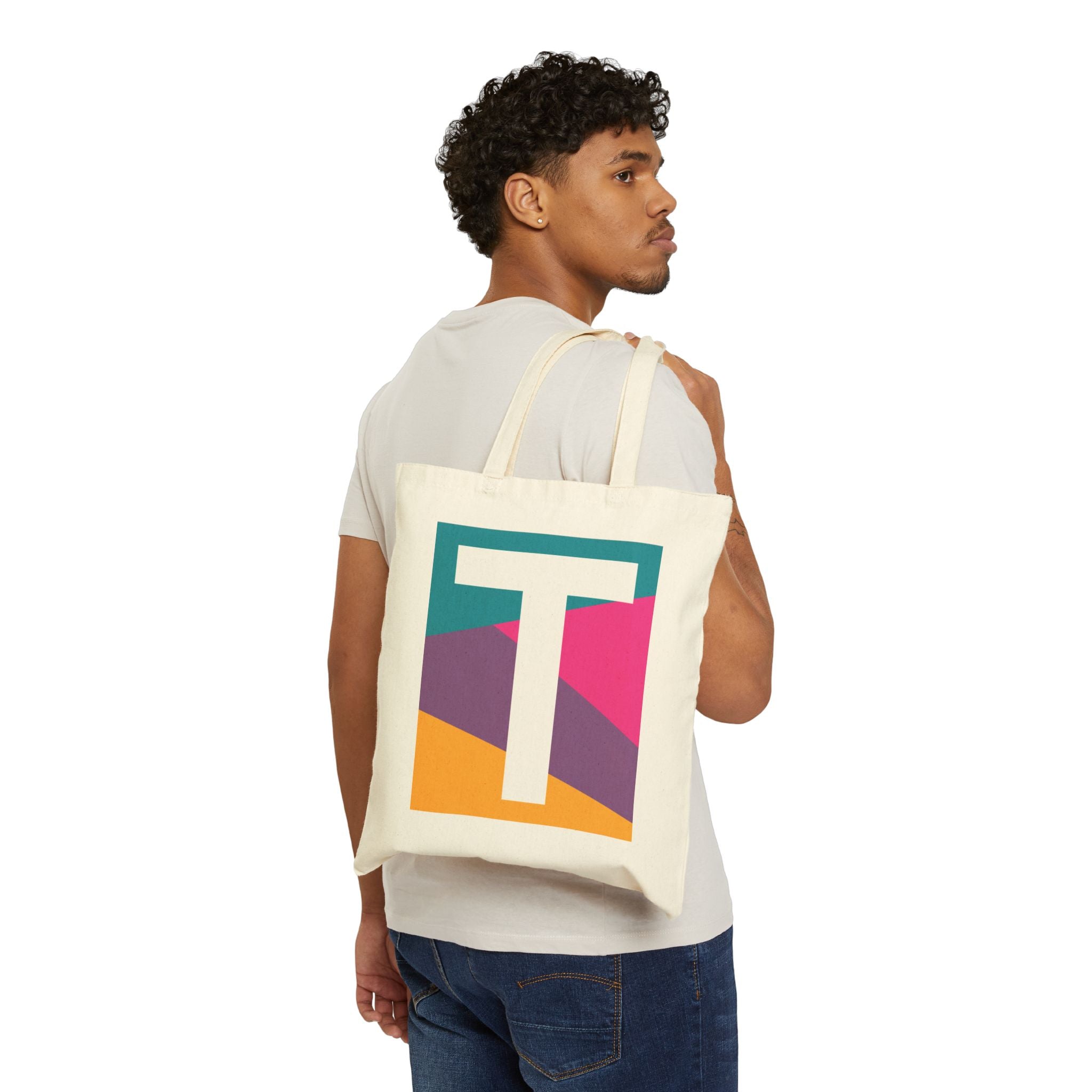 Initial T Colorblock Canvas Tote Bag — Monogram Letter T Reusable Grocery Tote