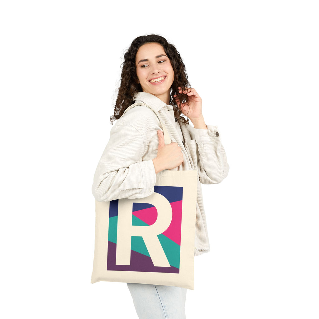 Initial R Colorblock Canvas Tote Bag — Monogram Letter R Reusable Grocery Tote