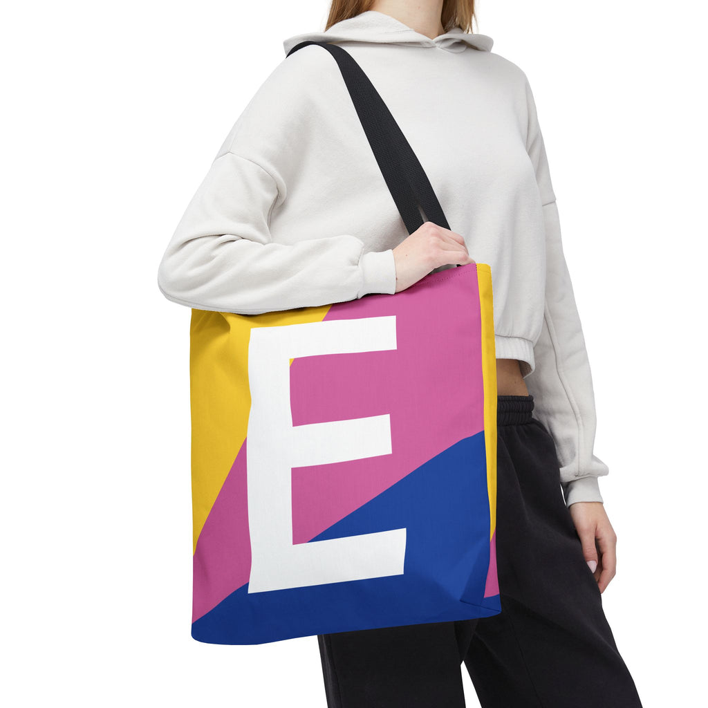 Monogram 'E' Colorblock Tote Bag — Personalized Initial E Shoulder Tote