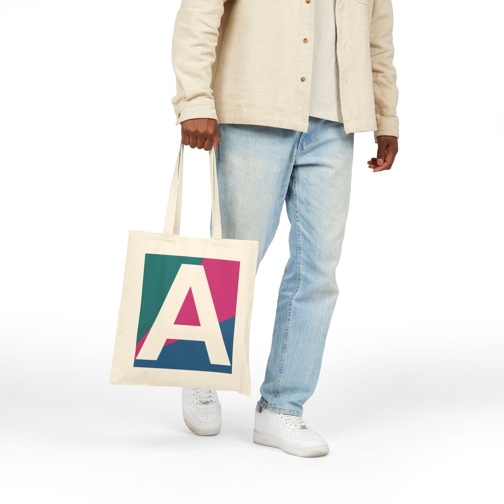 Initial A Colorblock Canvas Tote Bag — Monogram Letter A Reusable Grocery Tote