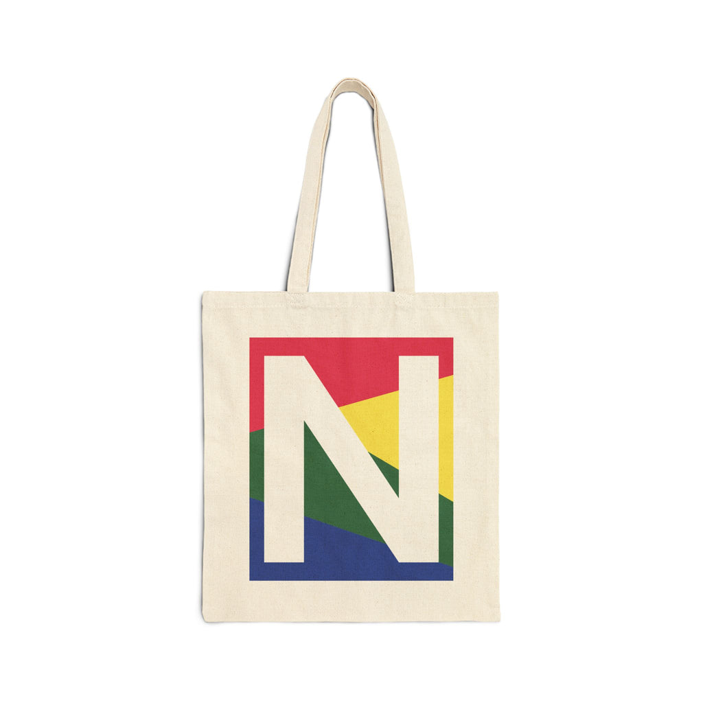 Initial N Colorblock Canvas Tote Bag — Monogram Letter N Reusable Grocery Tote
