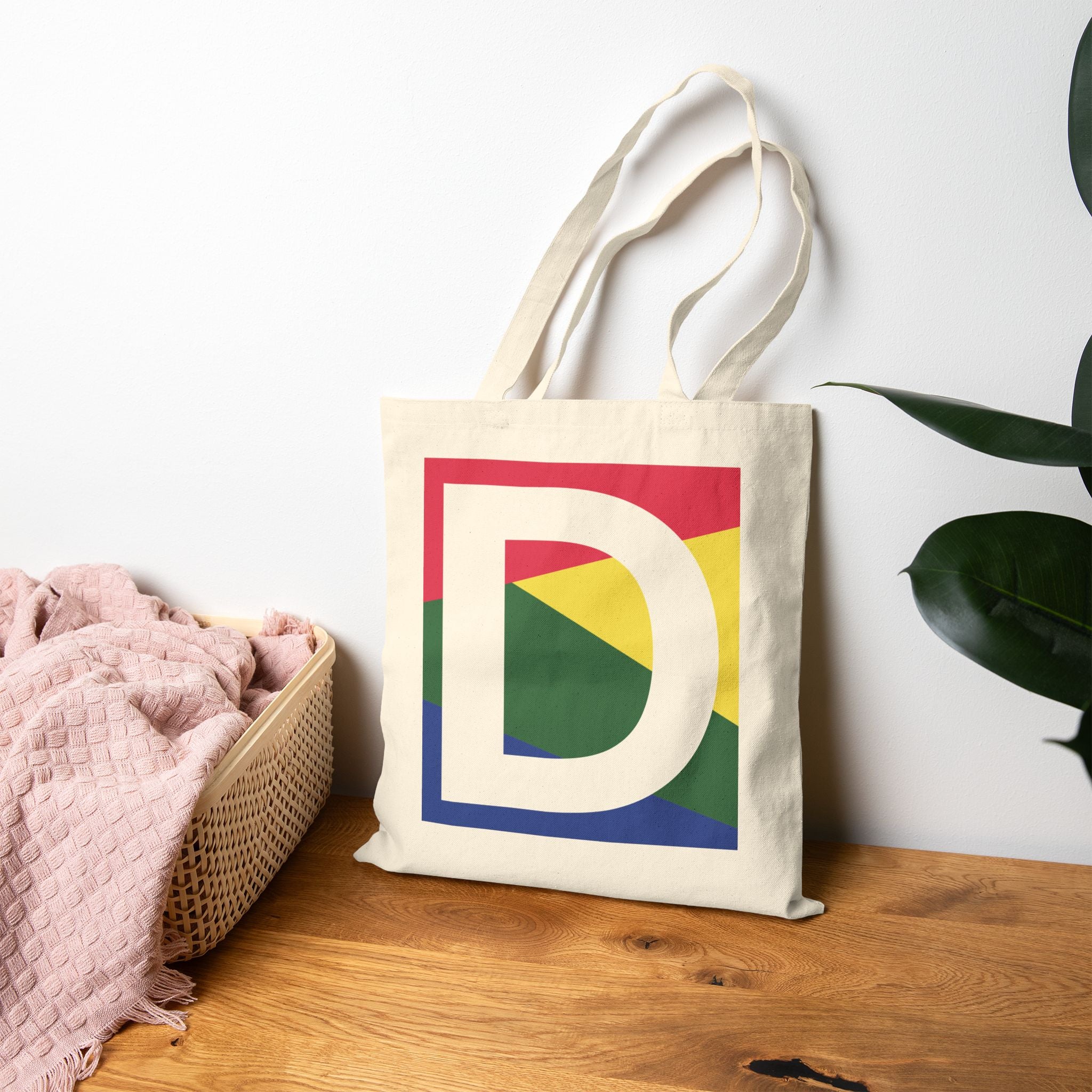 Initial D Colorblock Canvas Tote Bag — Monogram Letter D Reusable Grocery Tote