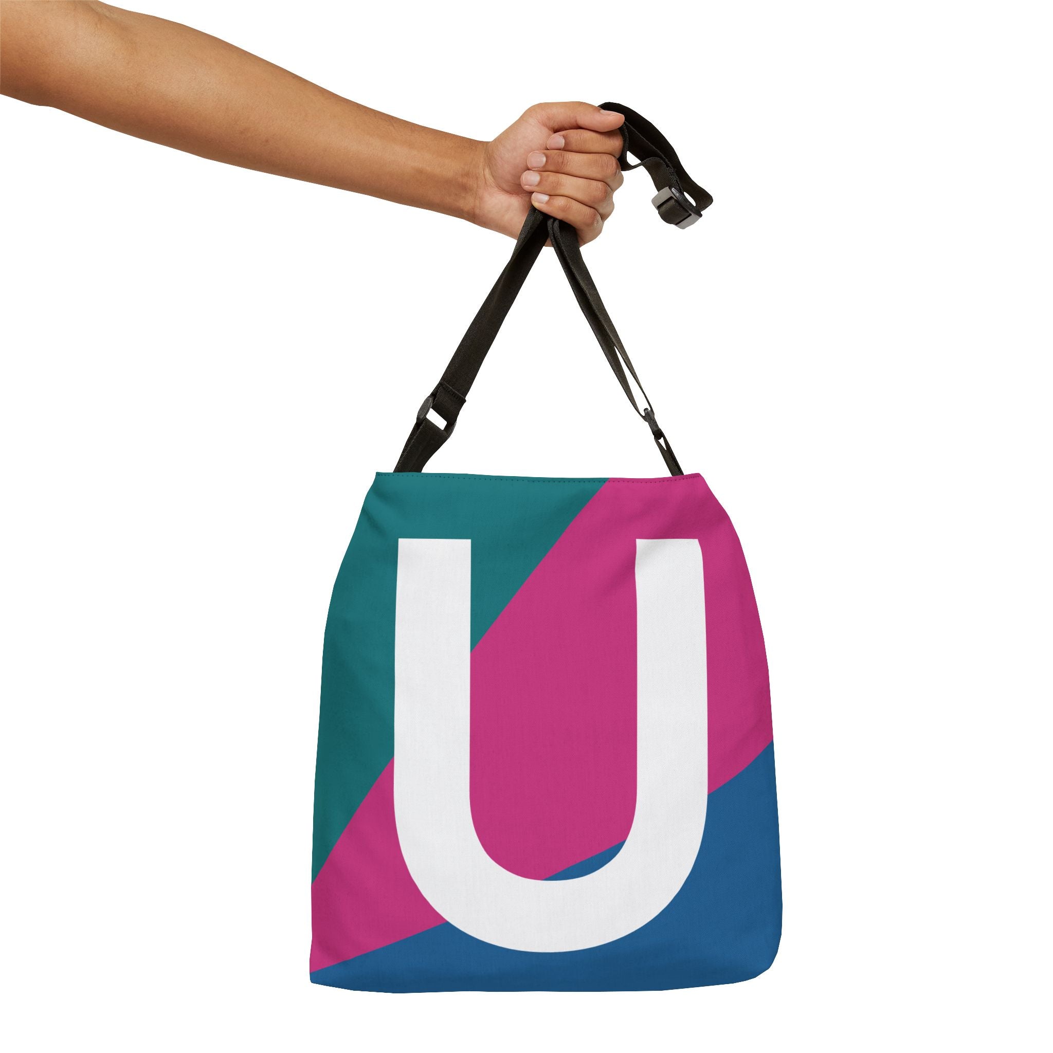Initial Letter 'U' Colorblock Adjustable Tote Bag — Monogram Alphabet Shoulder Bag