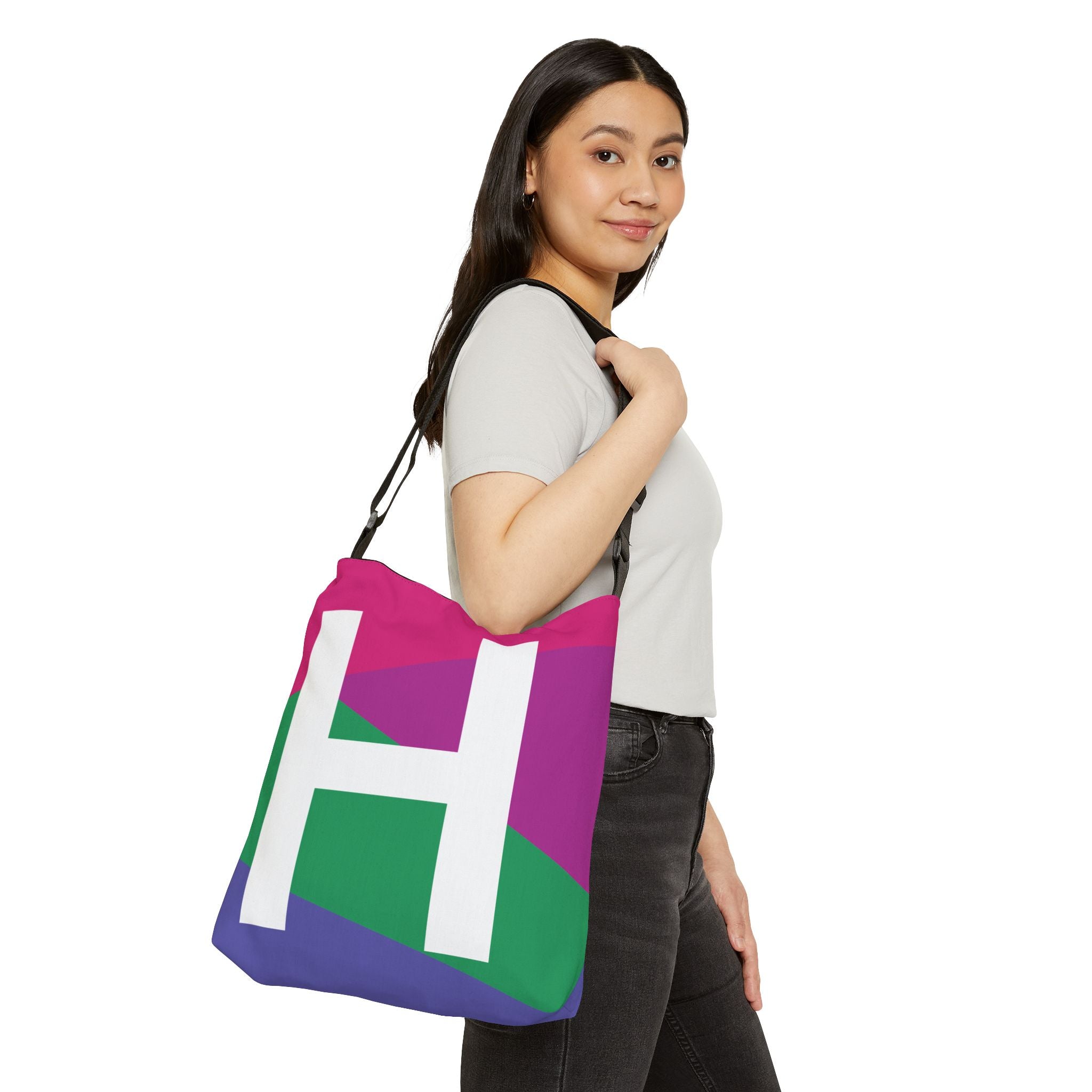 Initial Letter 'H' Colorblock Adjustable Tote Bag — Monogram Alphabet Shoulder Bag