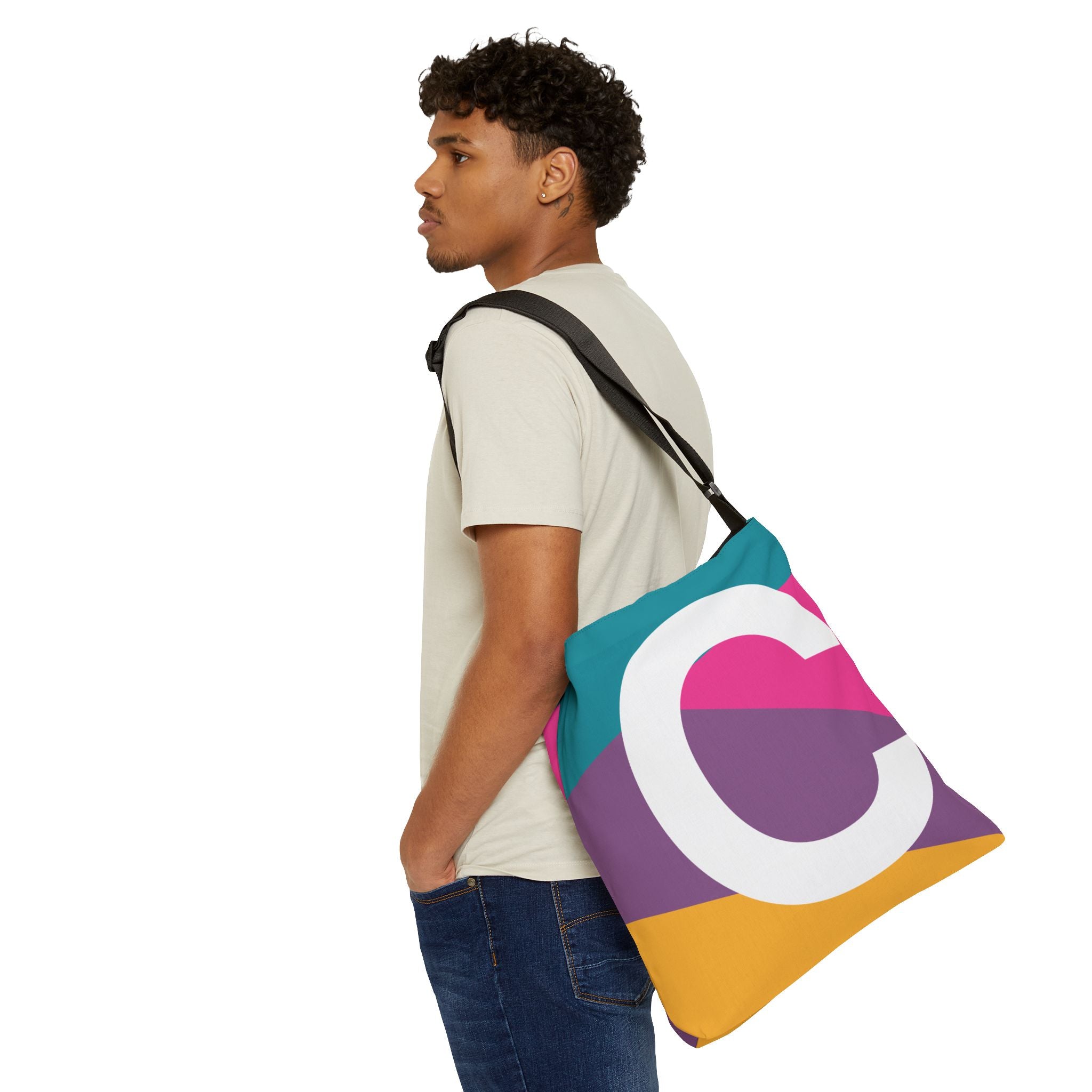 Initial Letter 'C' Colorblock Adjustable Tote Bag — Monogram Alphabet Shoulder Bag