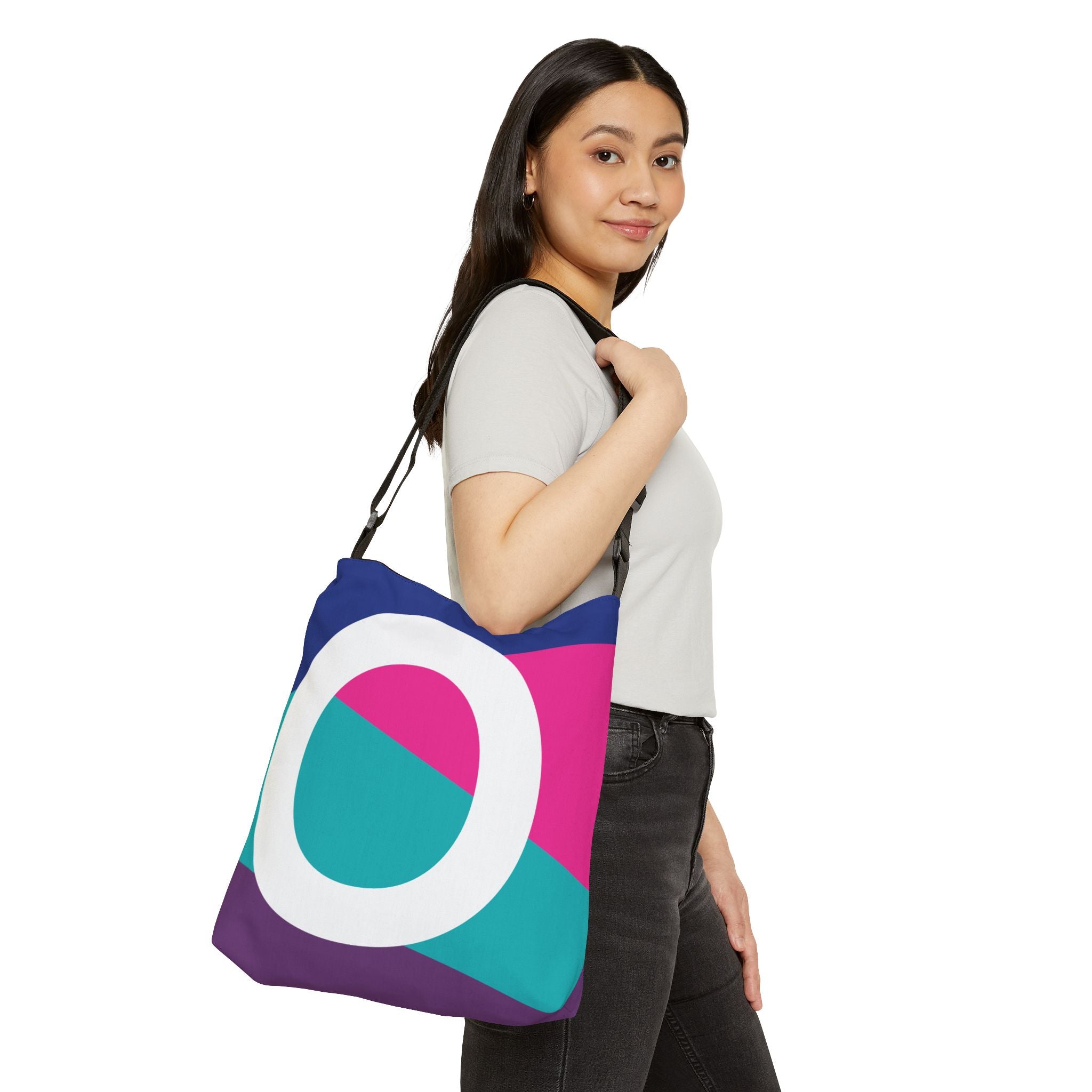 Initial Letter 'O' Colorblock Adjustable Tote Bag — Monogram Alphabet Shoulder Bag