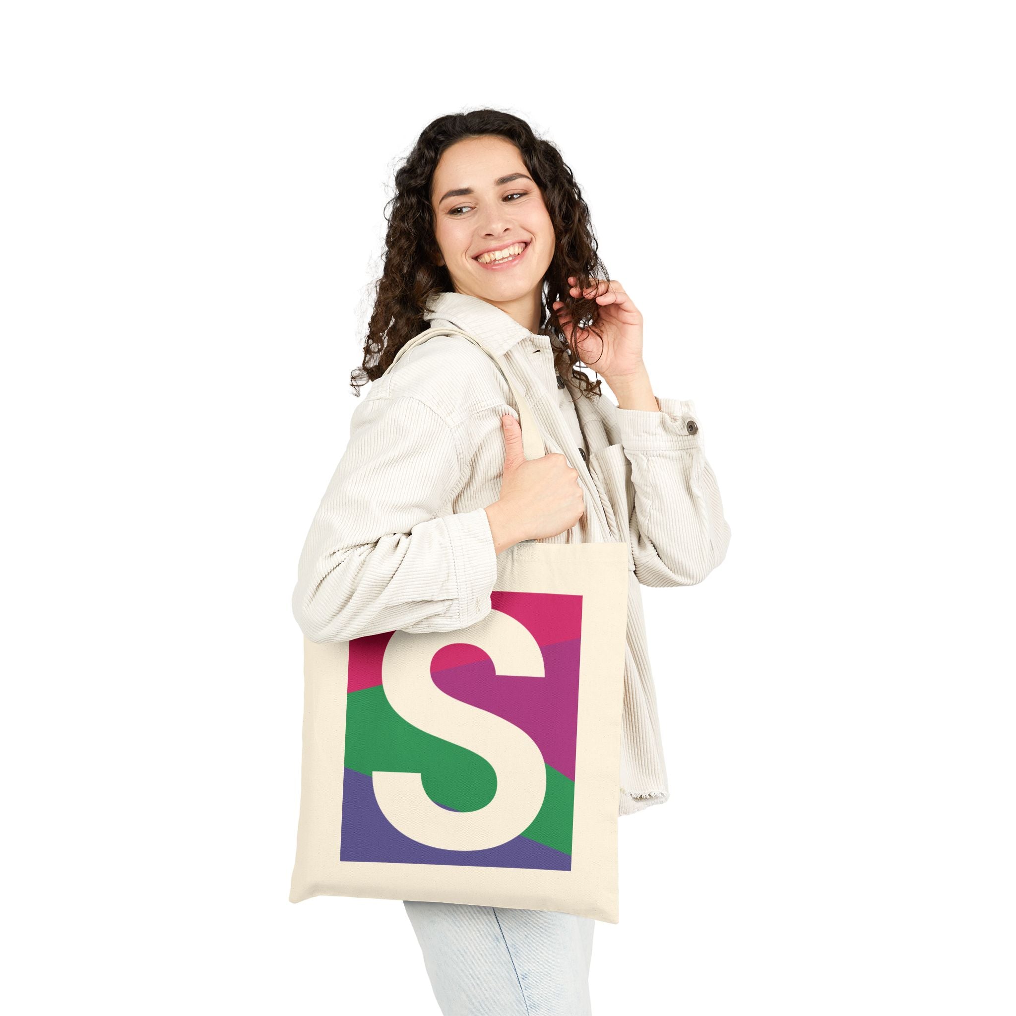 Initial S Colorblock Canvas Tote Bag — Monogram Letter S Reusable Grocery Tote
