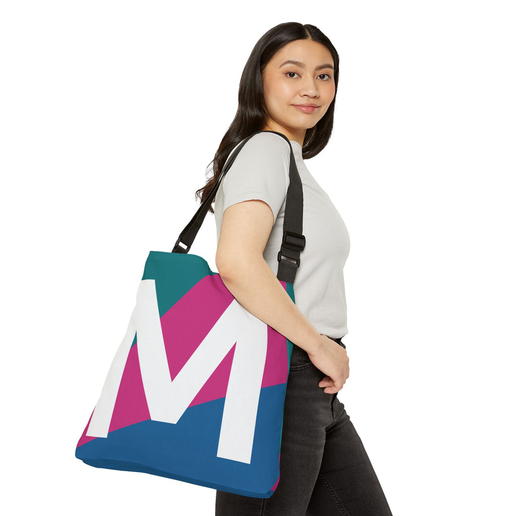 Initial Letter 'M' Colorblock Adjustable Tote Bag — Monogram Alphabet Shoulder Bag