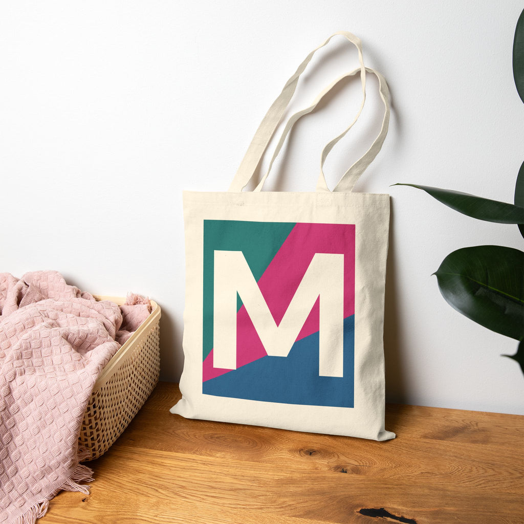 Initial M Colorblock Canvas Tote Bag — Monogram Letter M Reusable Grocery Tote
