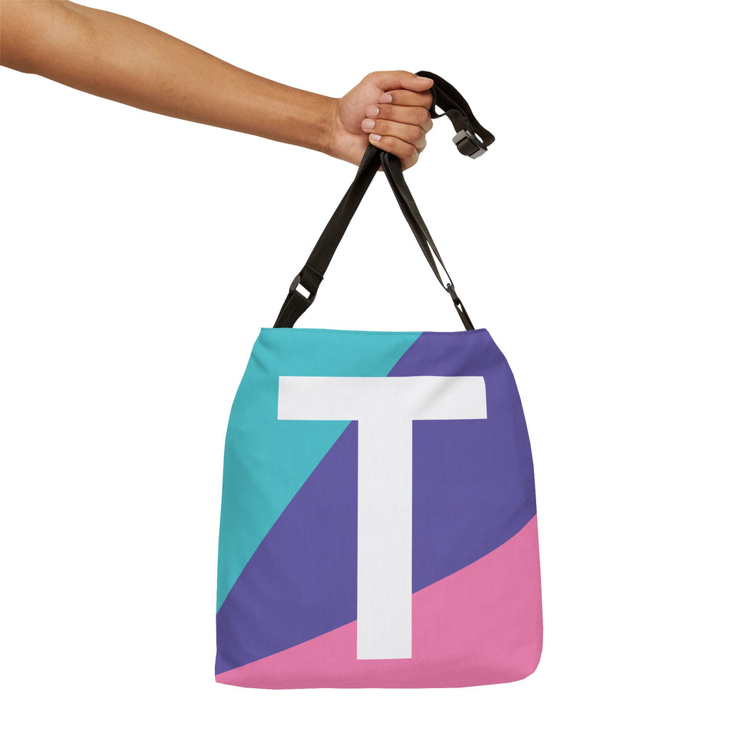 Initial Letter 'T' Colorblock Adjustable Tote Bag — Monogram Alphabet Shoulder Bag