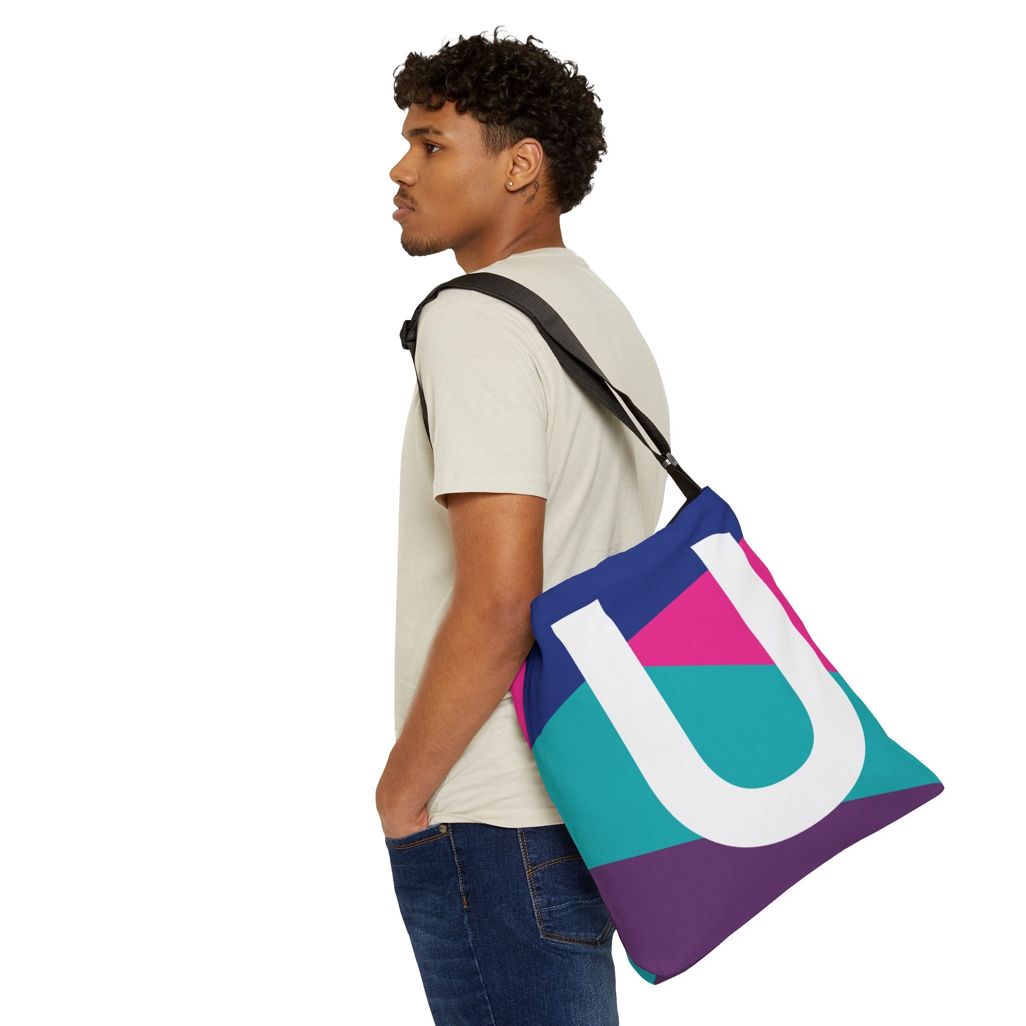 Initial Letter 'U' Colorblock Adjustable Tote Bag — Monogram Alphabet Shoulder Bag