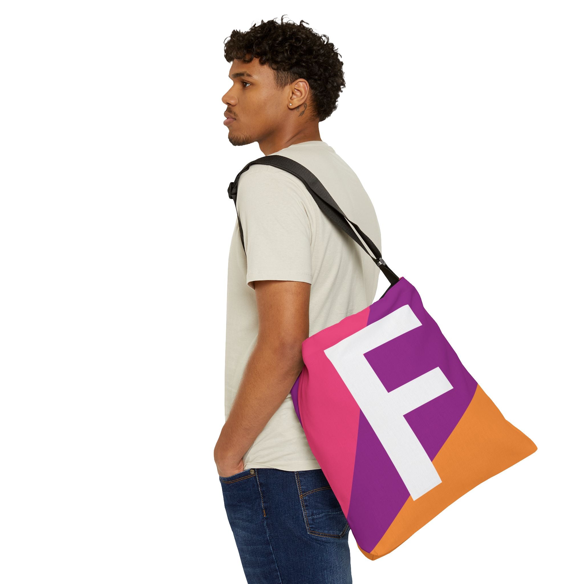 Initial Letter 'F' Colorblock Adjustable Tote Bag — Monogram Alphabet Shoulder Bag
