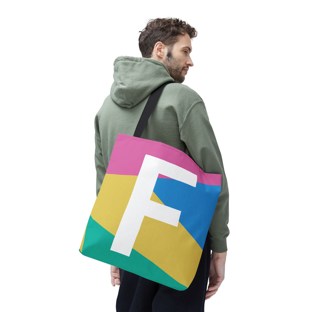 Monogram 'F' Colorblock Tote Bag — Personalized Initial F Shoulder Tote