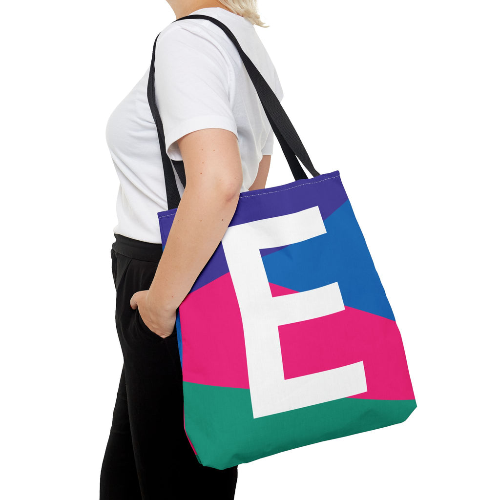 Monogram 'E' Colorblock Tote Bag — Personalized Initial E Shoulder Tote