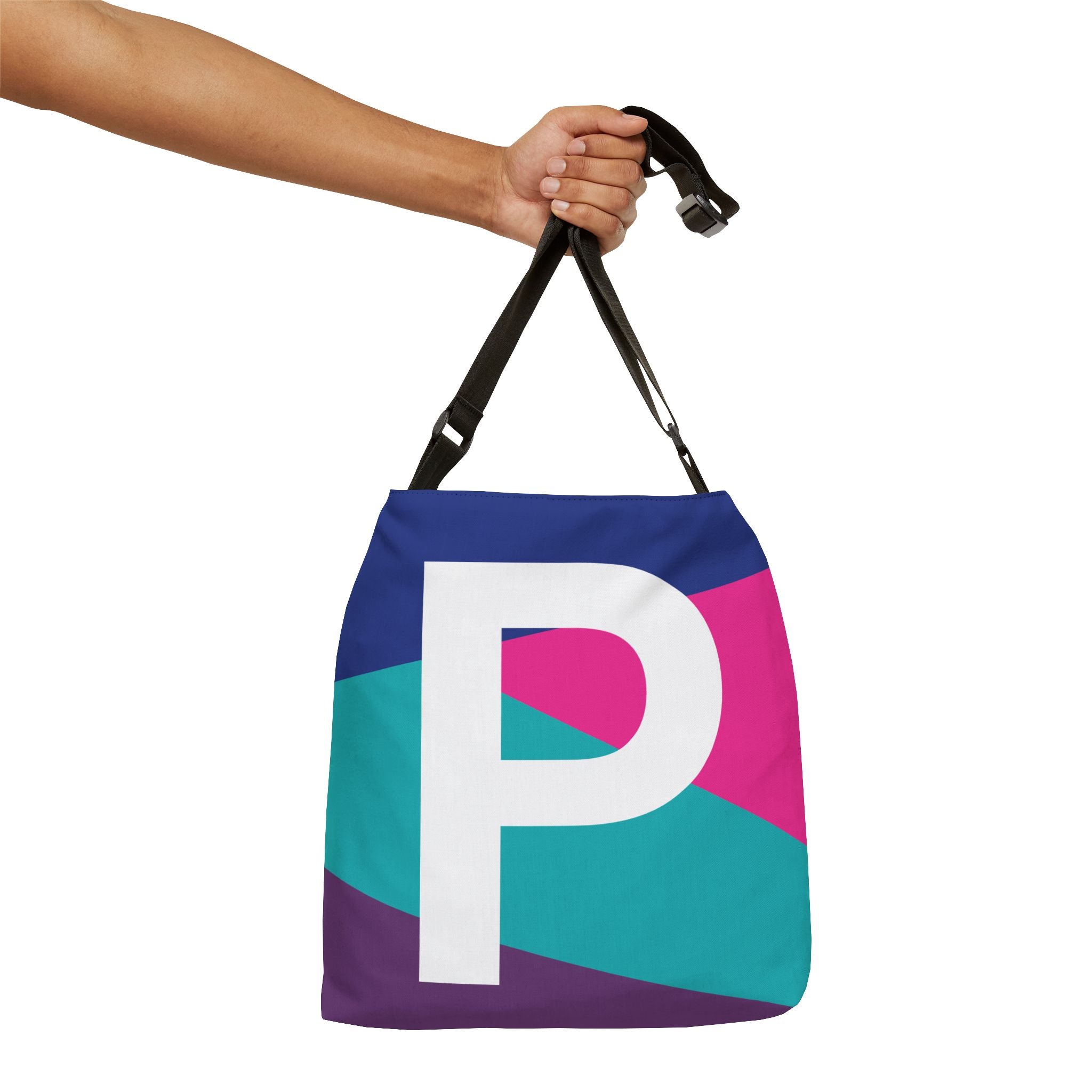 Initial Letter 'P' Colorblock Adjustable Tote Bag — Monogram Alphabet Shoulder Bag