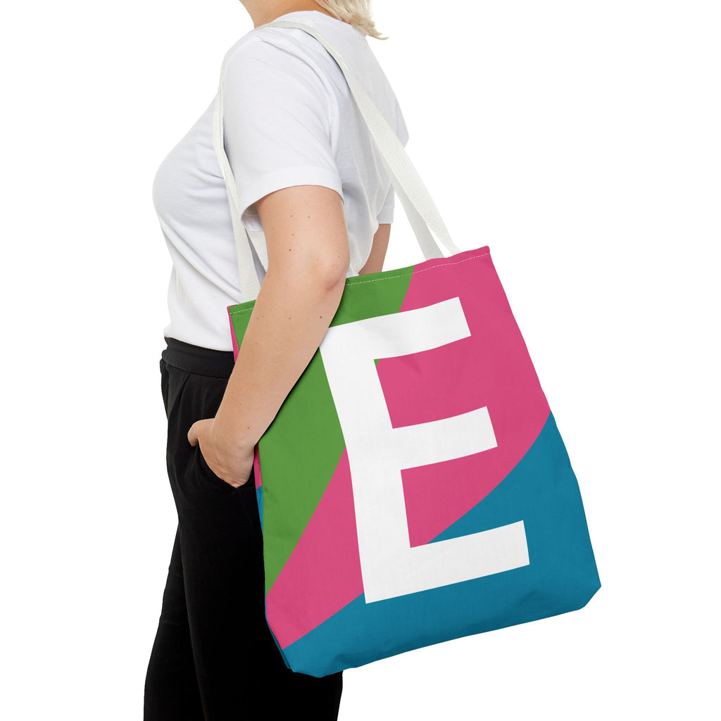 Monogram 'E' Colorblock Tote Bag — Personalized Initial E Shoulder Tote