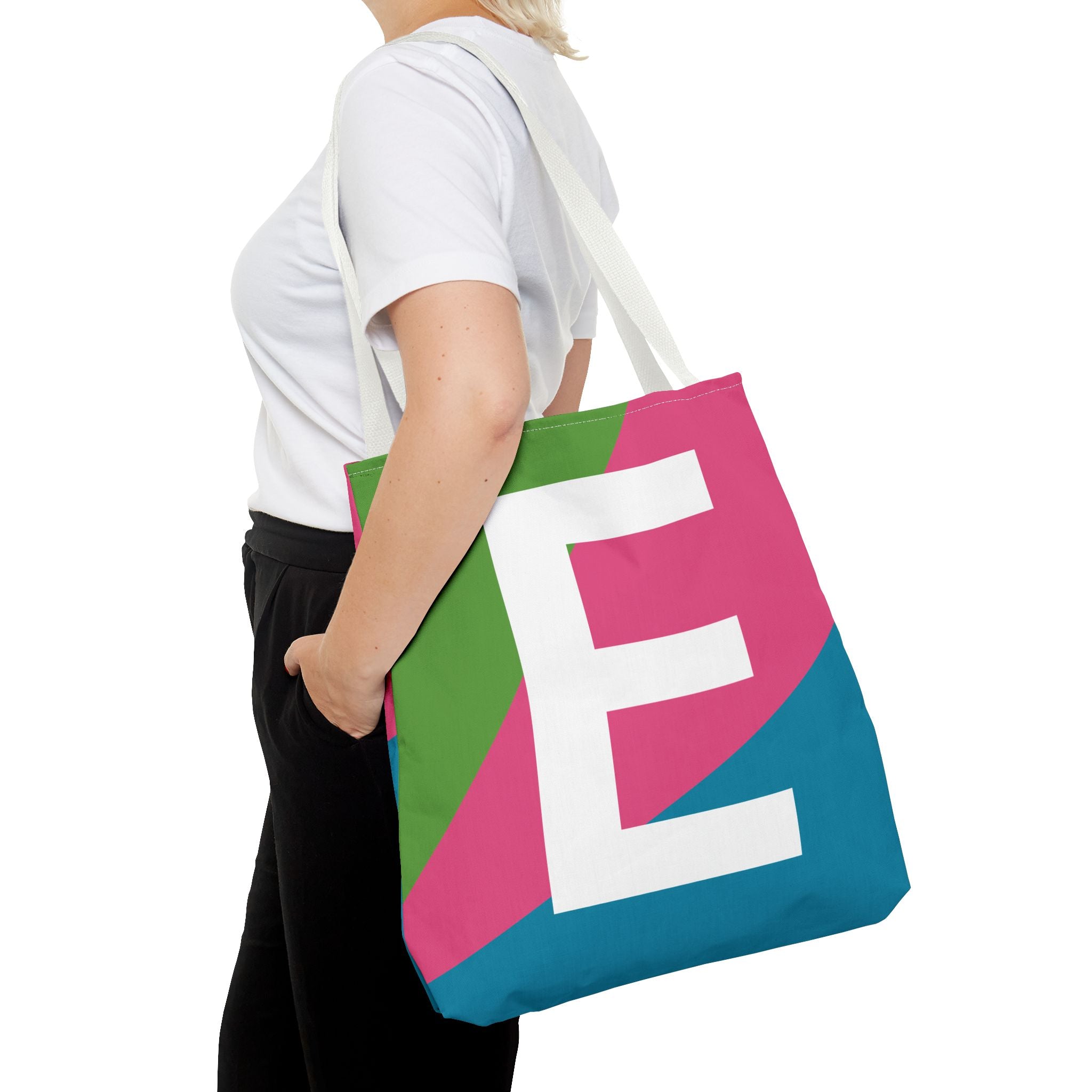 Monogram 'E' Colorblock Tote Bag — Personalized Initial E Shoulder Tote