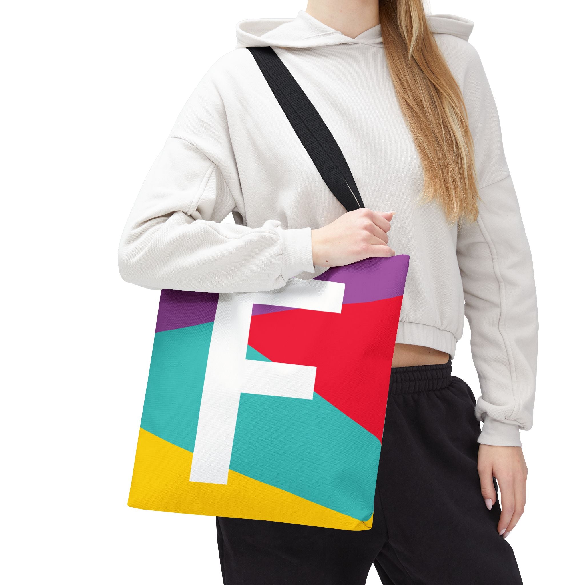 Monogram 'F' Colorblock Tote Bag — Personalized Initial F Shoulder Tote