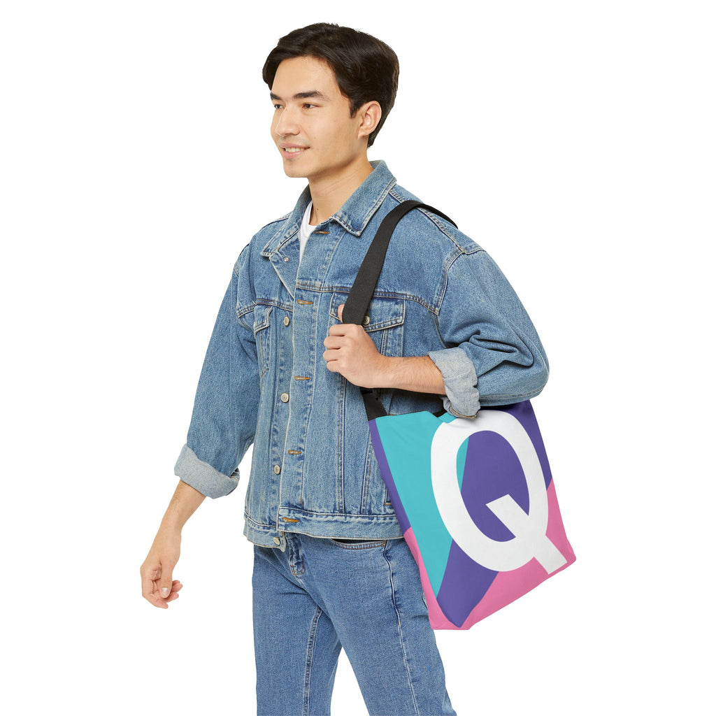 Initial Letter 'Q' Colorblock Adjustable Tote Bag — Monogram Alphabet Shoulder Bag