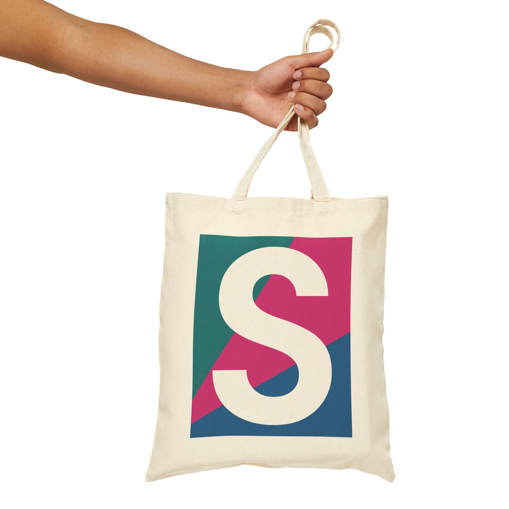 Initial S Colorblock Canvas Tote Bag — Monogram Letter S Reusable Grocery Tote