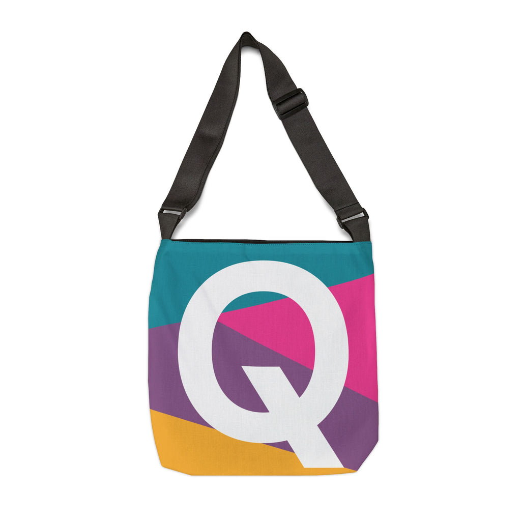 Initial Letter 'Q' Colorblock Adjustable Tote Bag — Monogram Alphabet Shoulder Bag