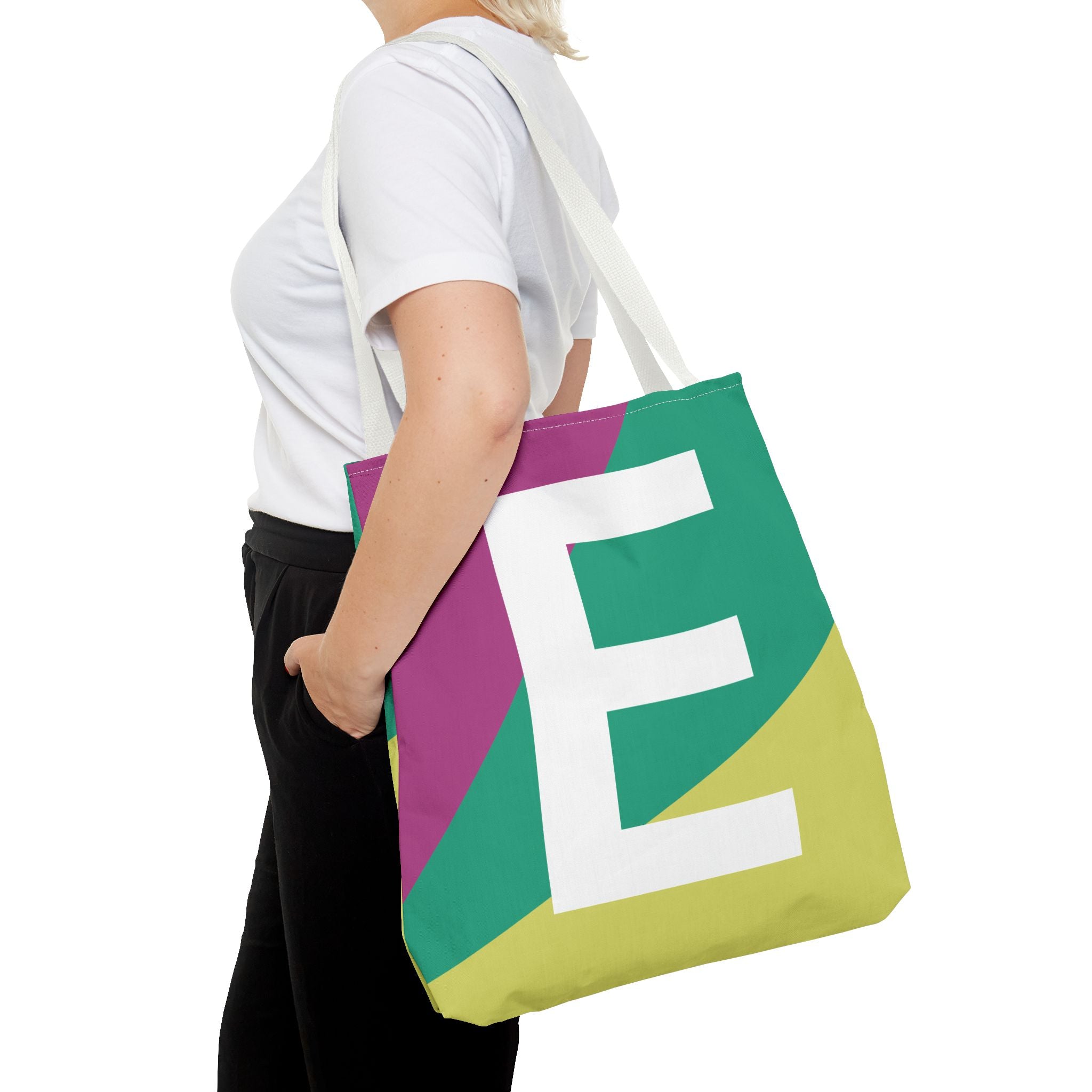Monogram 'E' Colorblock Tote Bag — Personalized Initial E Shoulder Tote