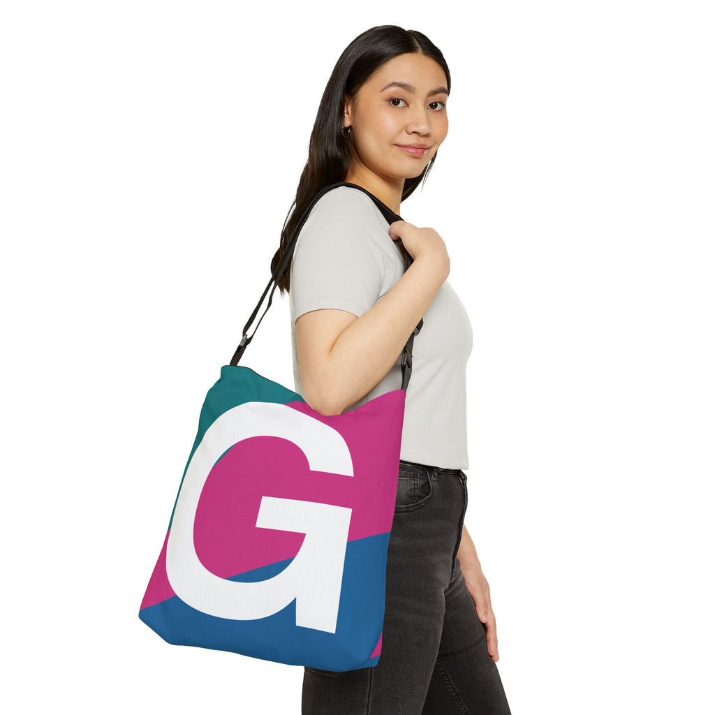 Initial Letter 'G' Colorblock Adjustable Tote Bag — Monogram Alphabet Shoulder Bag