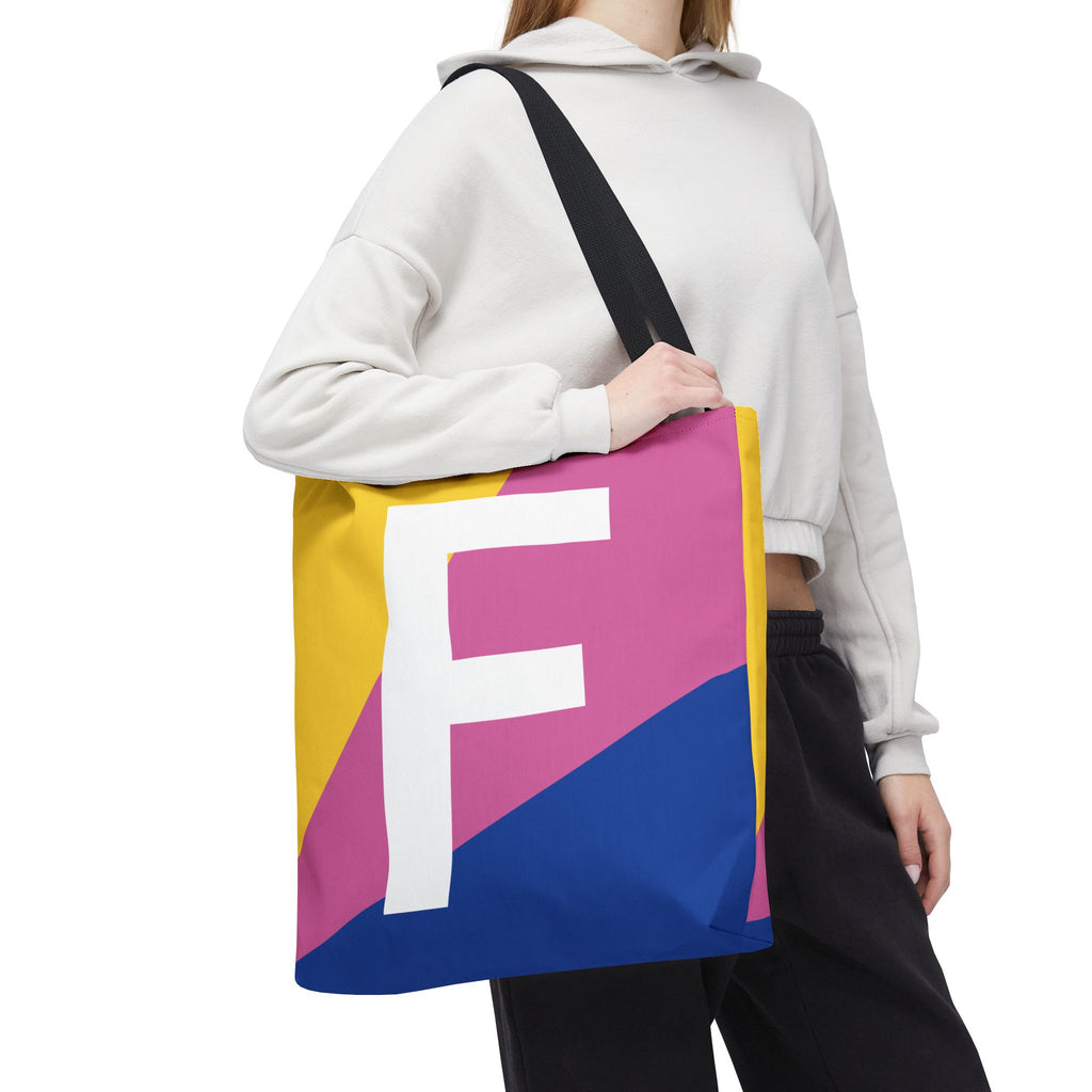 Monogram 'F' Colorblock Tote Bag — Personalized Initial F Shoulder Tote