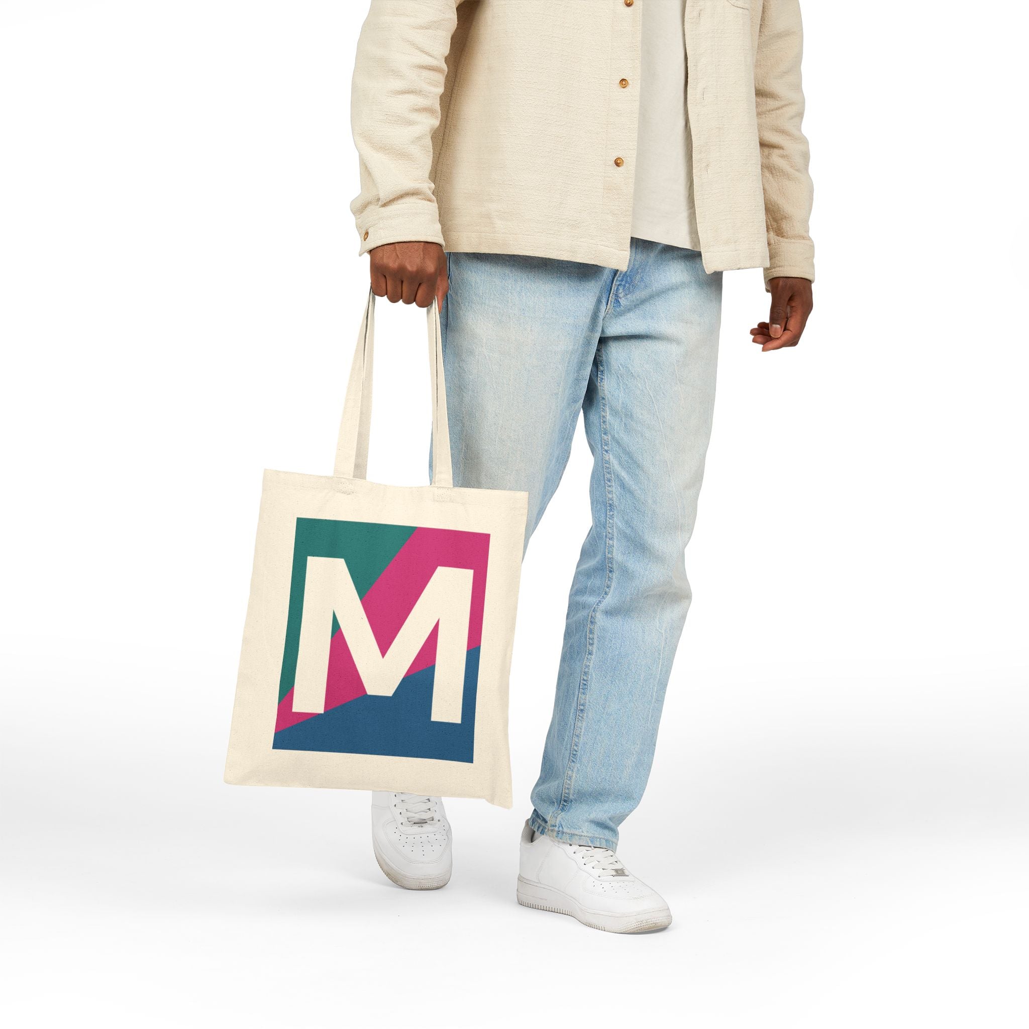 Initial M Colorblock Canvas Tote Bag — Monogram Letter M Reusable Grocery Tote