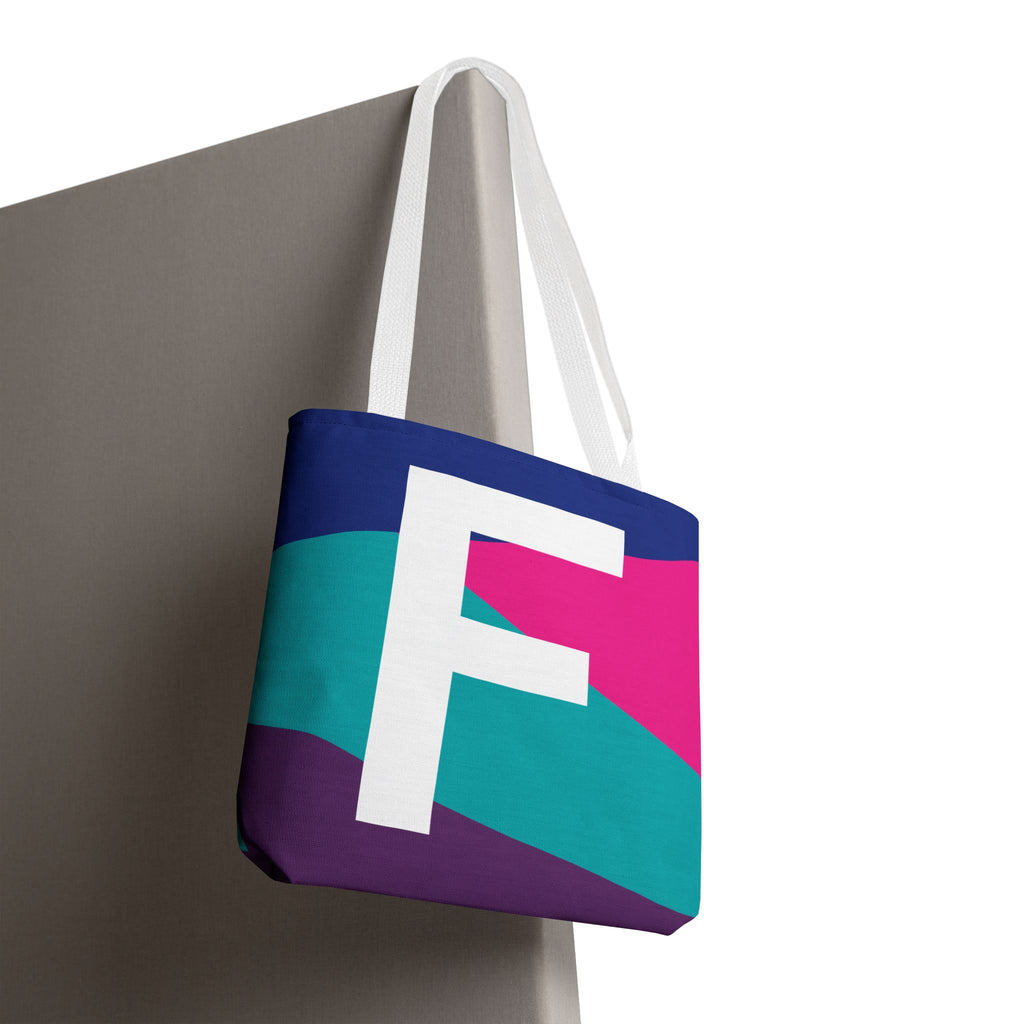 Monogram 'F' Colorblock Tote Bag — Personalized Initial F Shoulder Tote