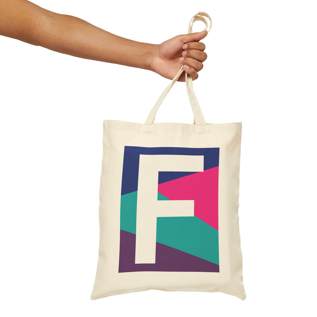 Initial F Colorblock Canvas Tote Bag — Monogram Letter F Reusable Grocery Tote