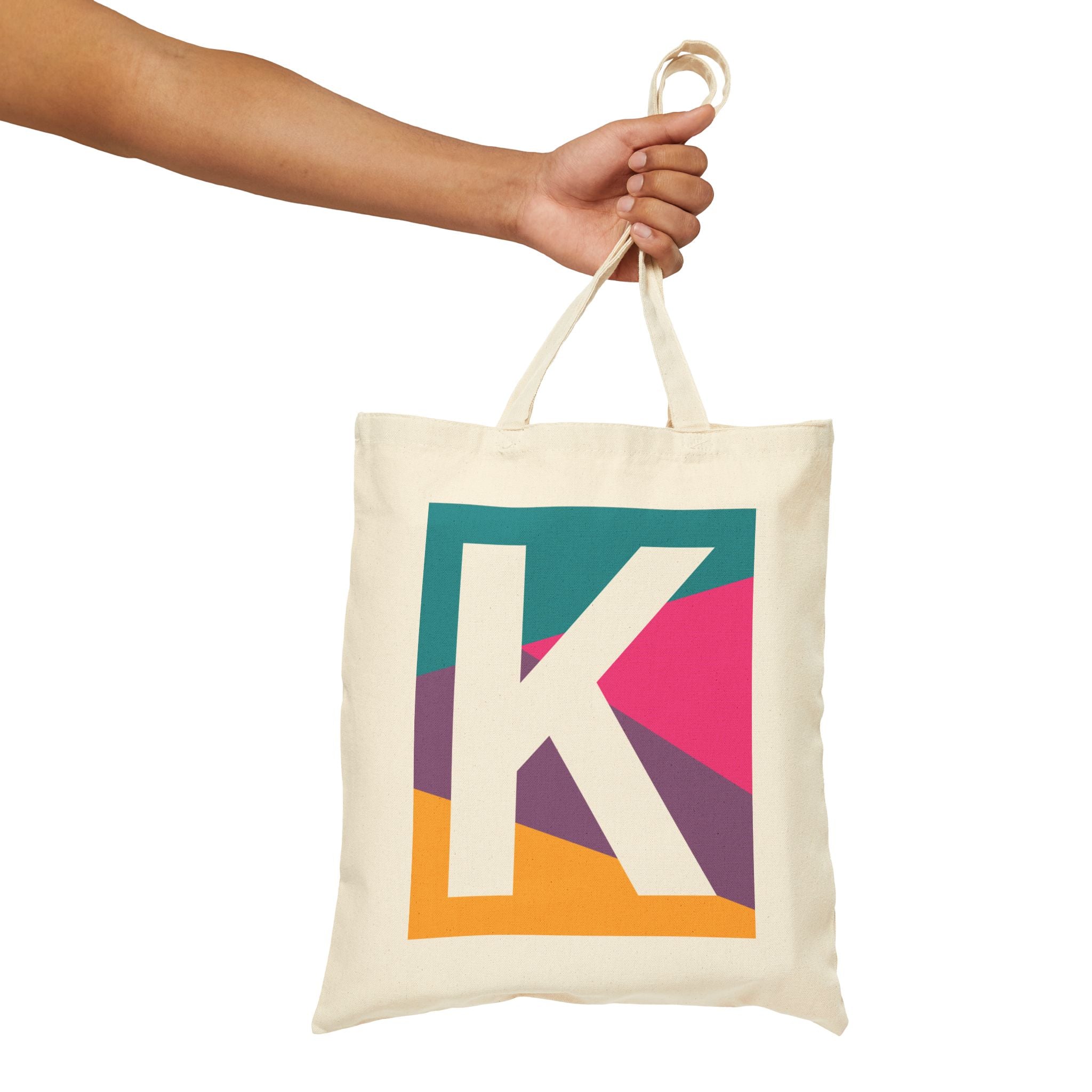 Initial K Colorblock Canvas Tote Bag — Monogram Letter K Reusable Grocery Tote