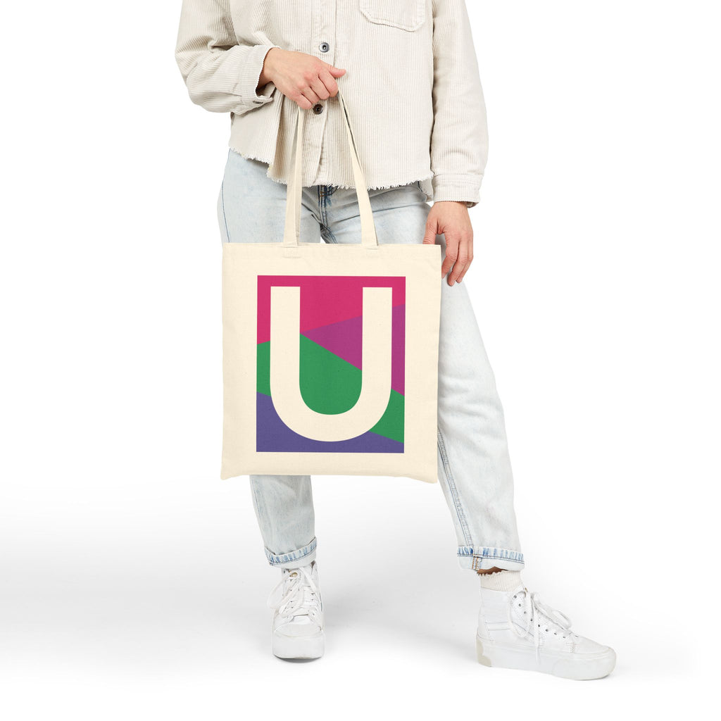 Initial U Colorblock Canvas Tote Bag — Monogram Letter U Reusable Grocery Tote
