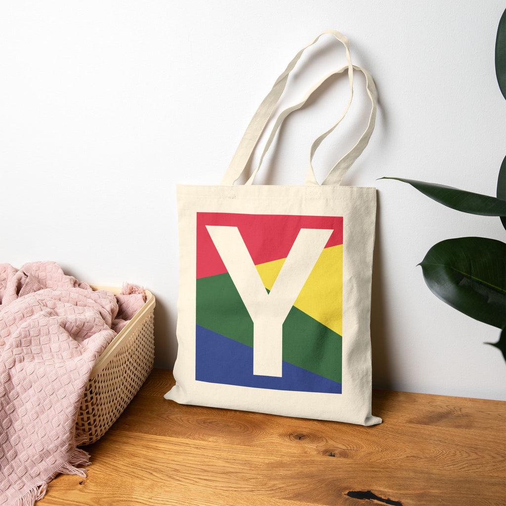 Initial Y Colorblock Canvas Tote Bag — Monogram Letter Y Reusable Grocery Tote