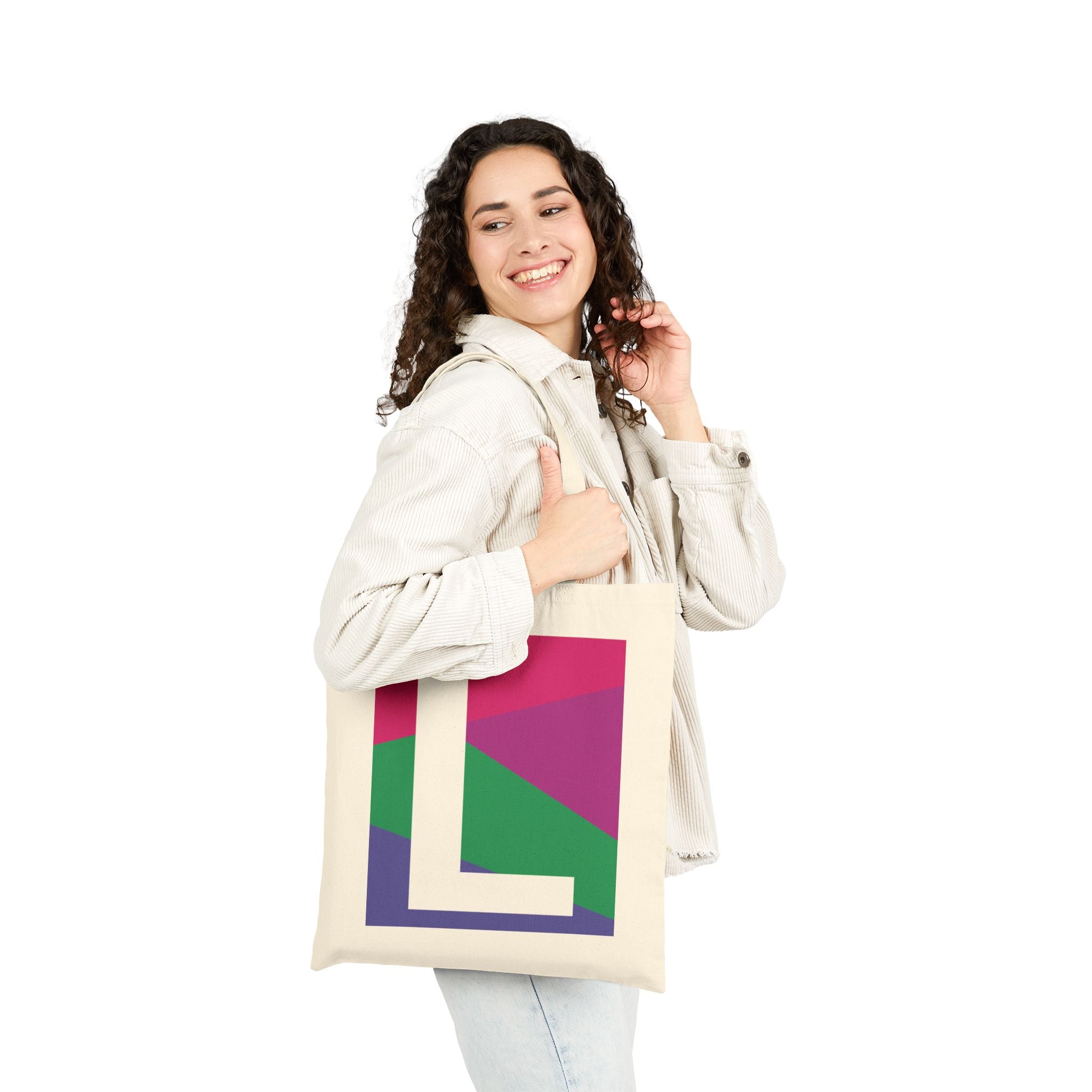 Initial L Colorblock Canvas Tote Bag — Monogram Letter L Reusable Grocery Tote