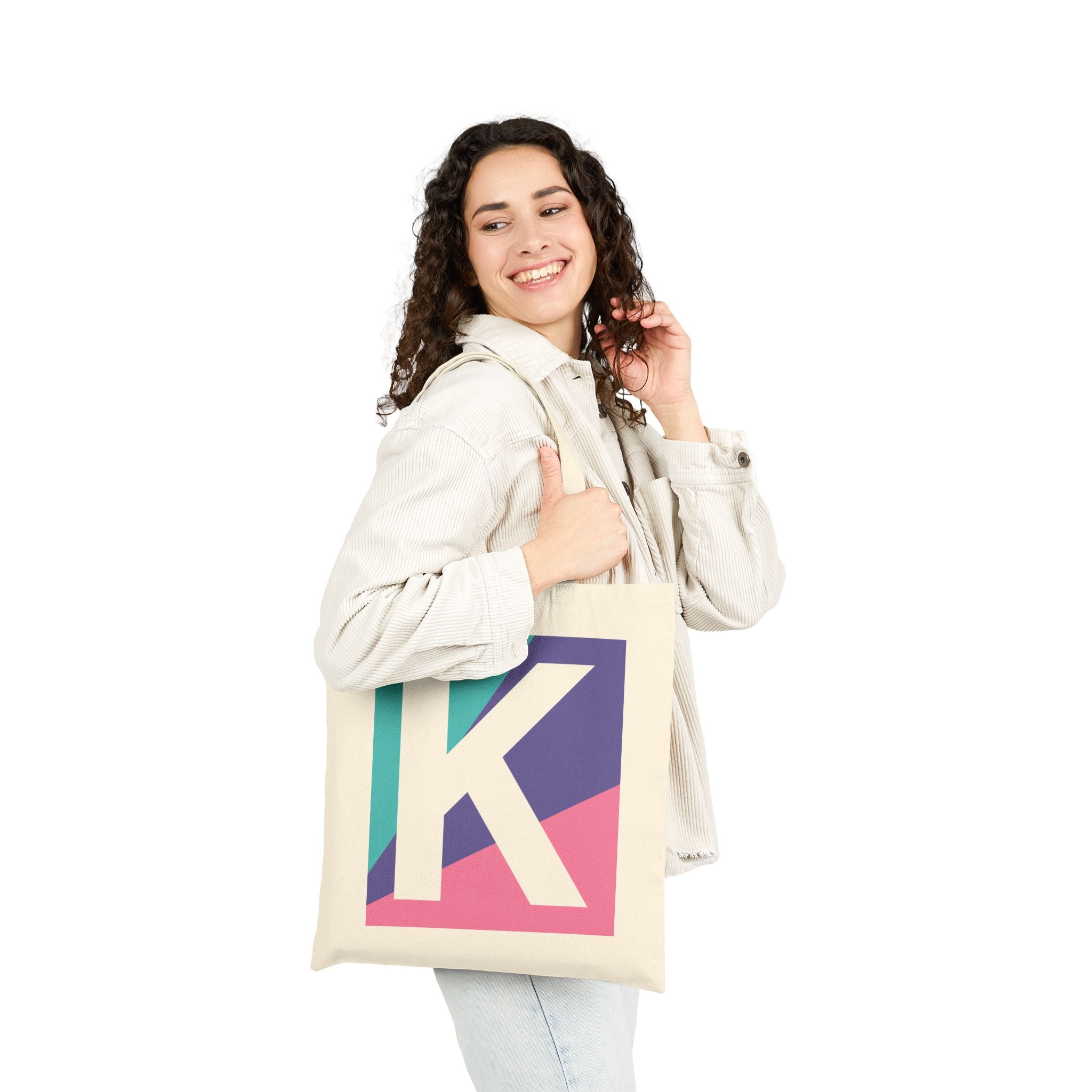 Initial K Colorblock Canvas Tote Bag — Monogram Letter K Reusable Grocery Tote
