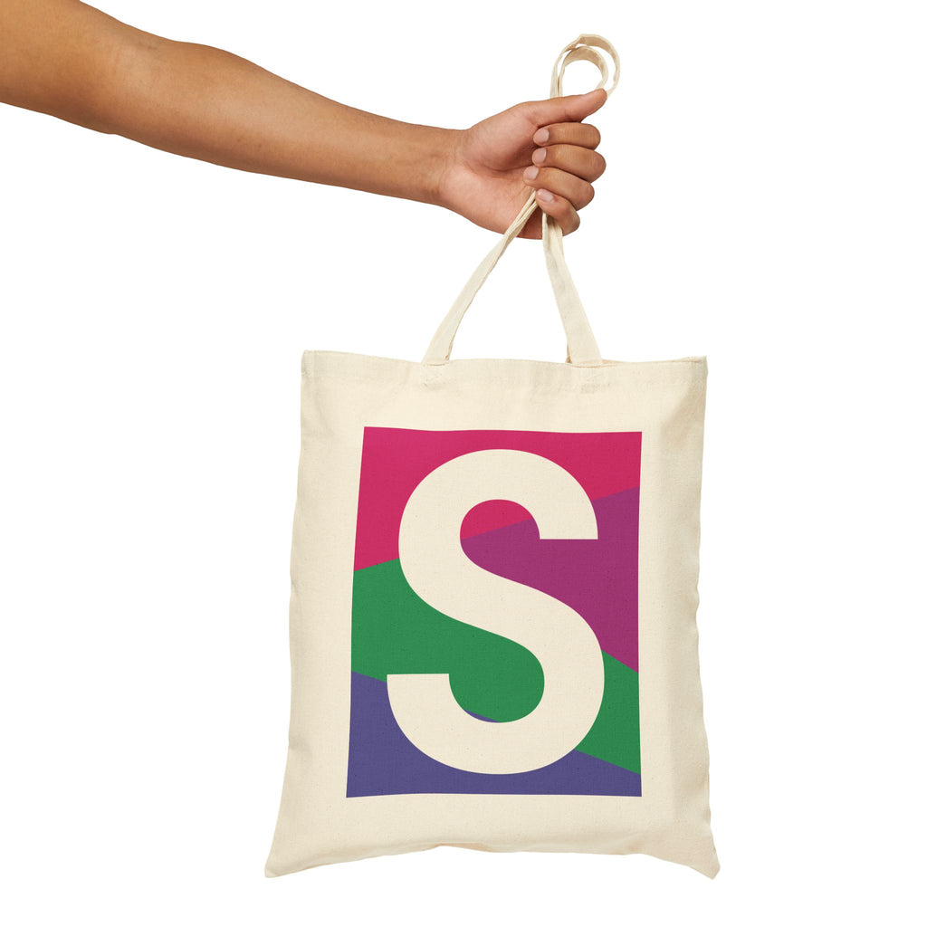 Initial S Colorblock Canvas Tote Bag — Monogram Letter S Reusable Grocery Tote