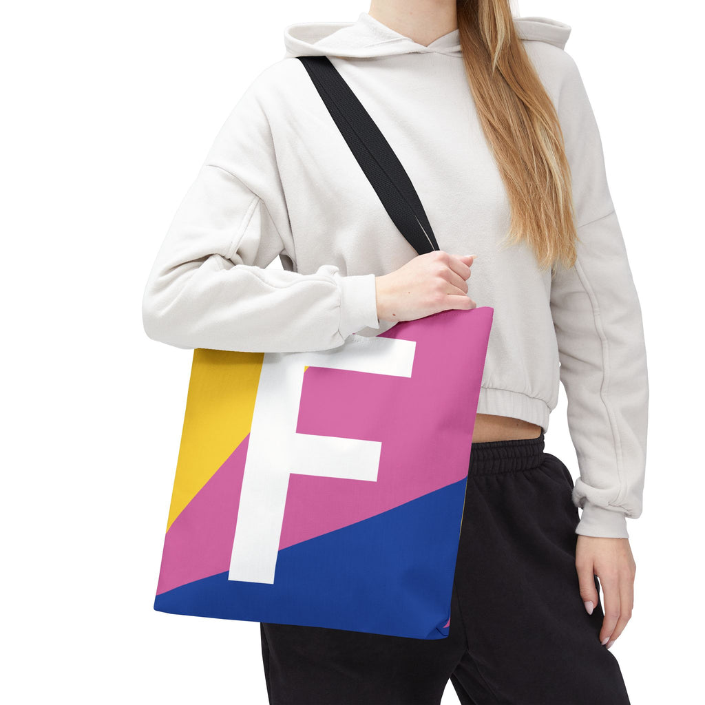 Monogram 'F' Colorblock Tote Bag — Personalized Initial F Shoulder Tote