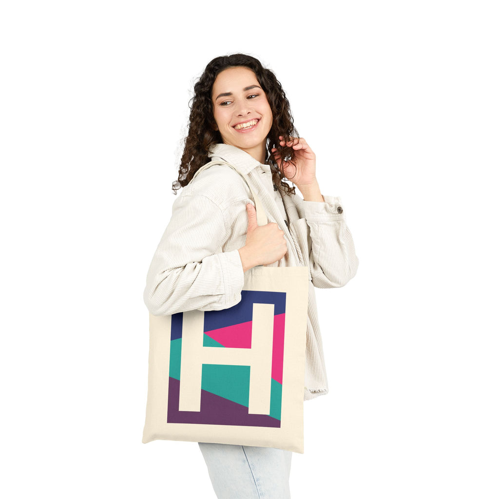 Initial H Colorblock Canvas Tote Bag — Monogram Letter H Reusable Grocery Tote