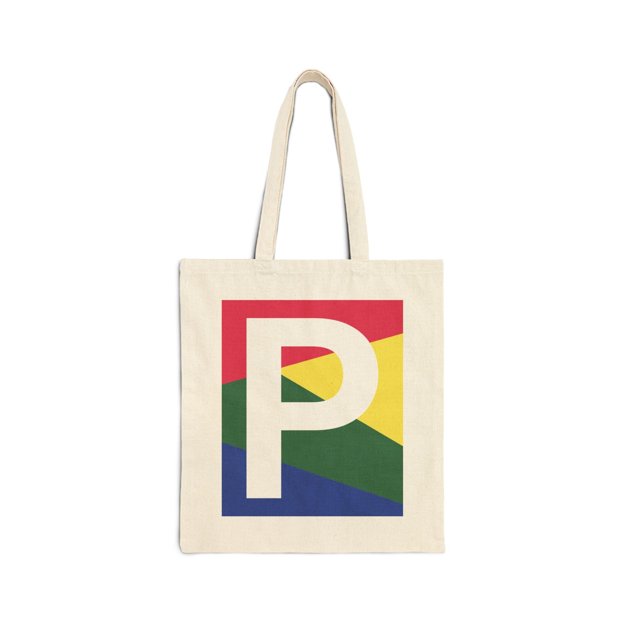 Initial P Colorblock Canvas Tote Bag — Monogram Letter P Reusable Grocery Tote