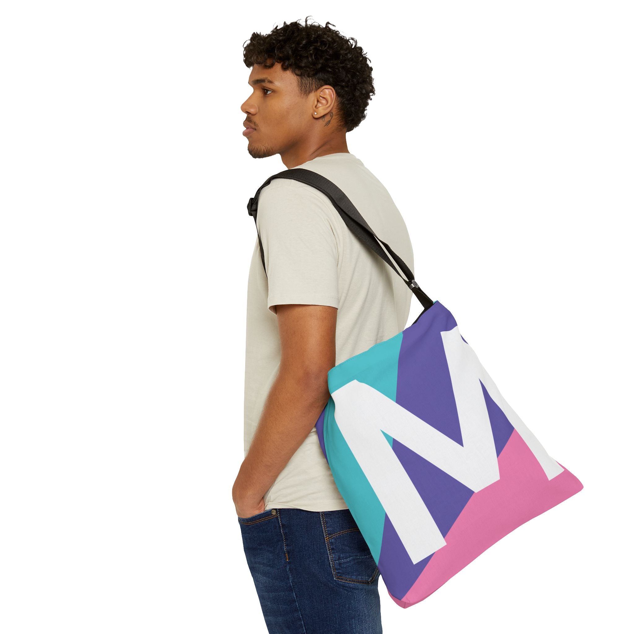 Initial Letter 'M' Colorblock Adjustable Tote Bag — Monogram Alphabet Shoulder Bag