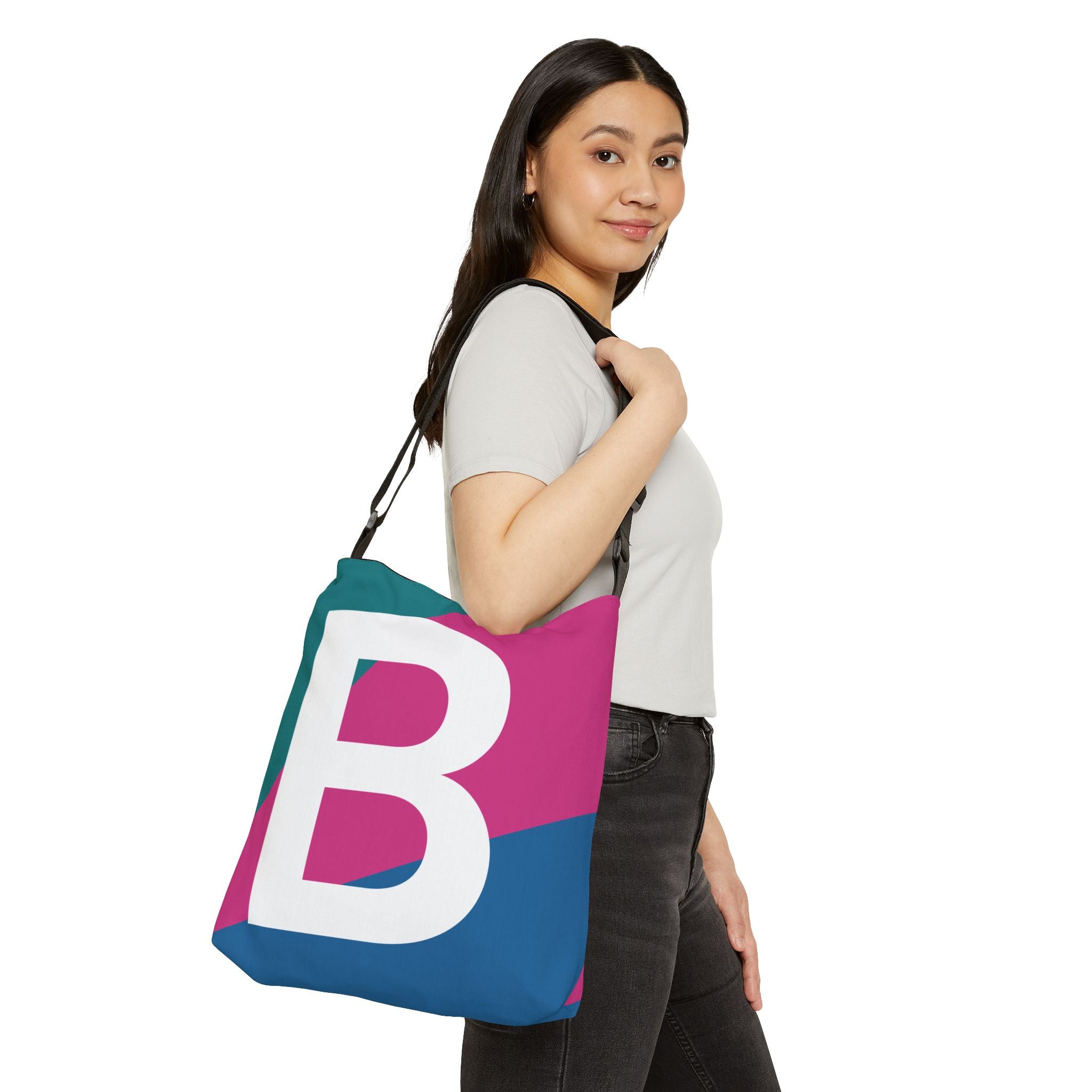 Initial Letter 'B' Colorblock Adjustable Tote Bag — Monogram Alphabet Shoulder Bag