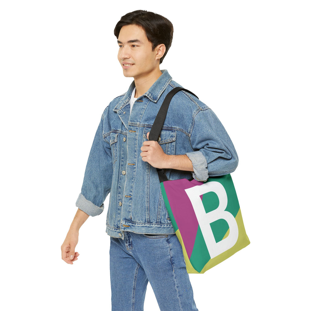 Initial Letter 'B' Colorblock Adjustable Tote Bag — Monogram Alphabet Shoulder Bag