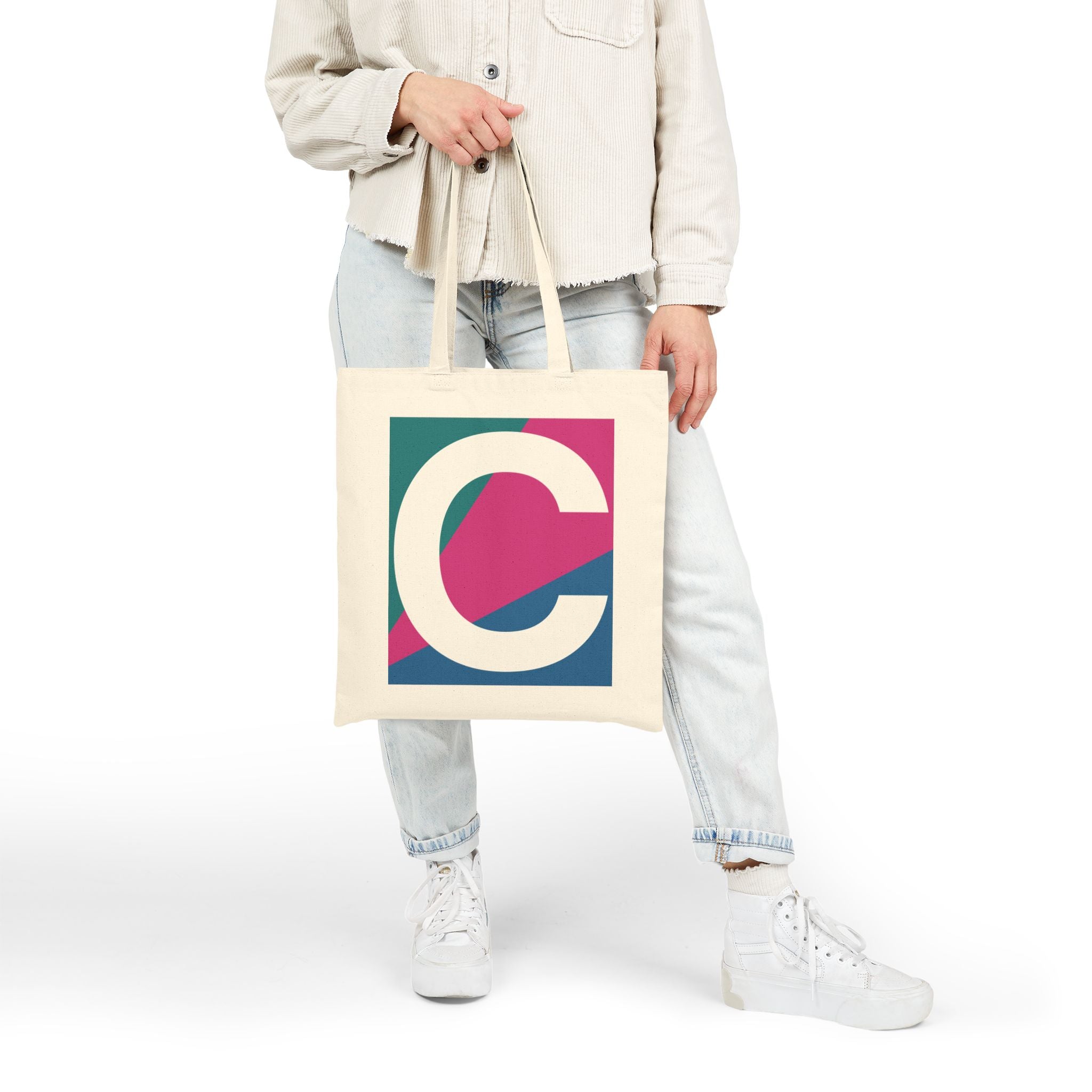 Initial C Colorblock Canvas Tote Bag — Monogram Letter C Reusable Grocery Tote
