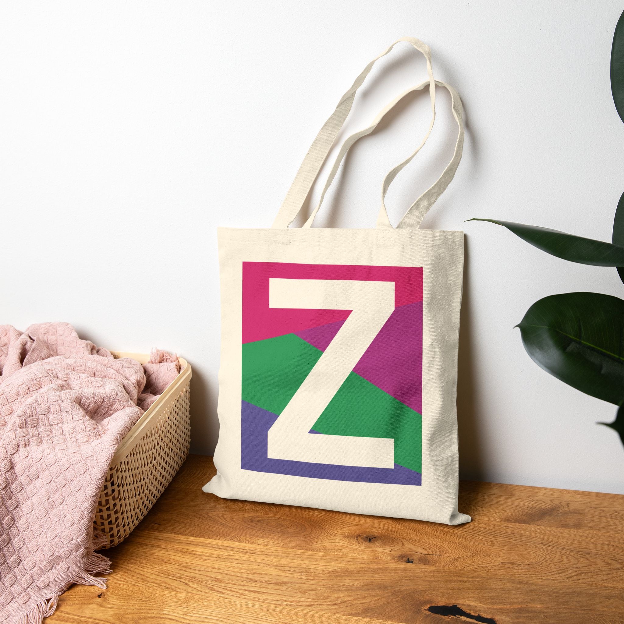 Initial Z Colorblock Canvas Tote Bag — Monogram Letter Z Reusable Grocery Tote