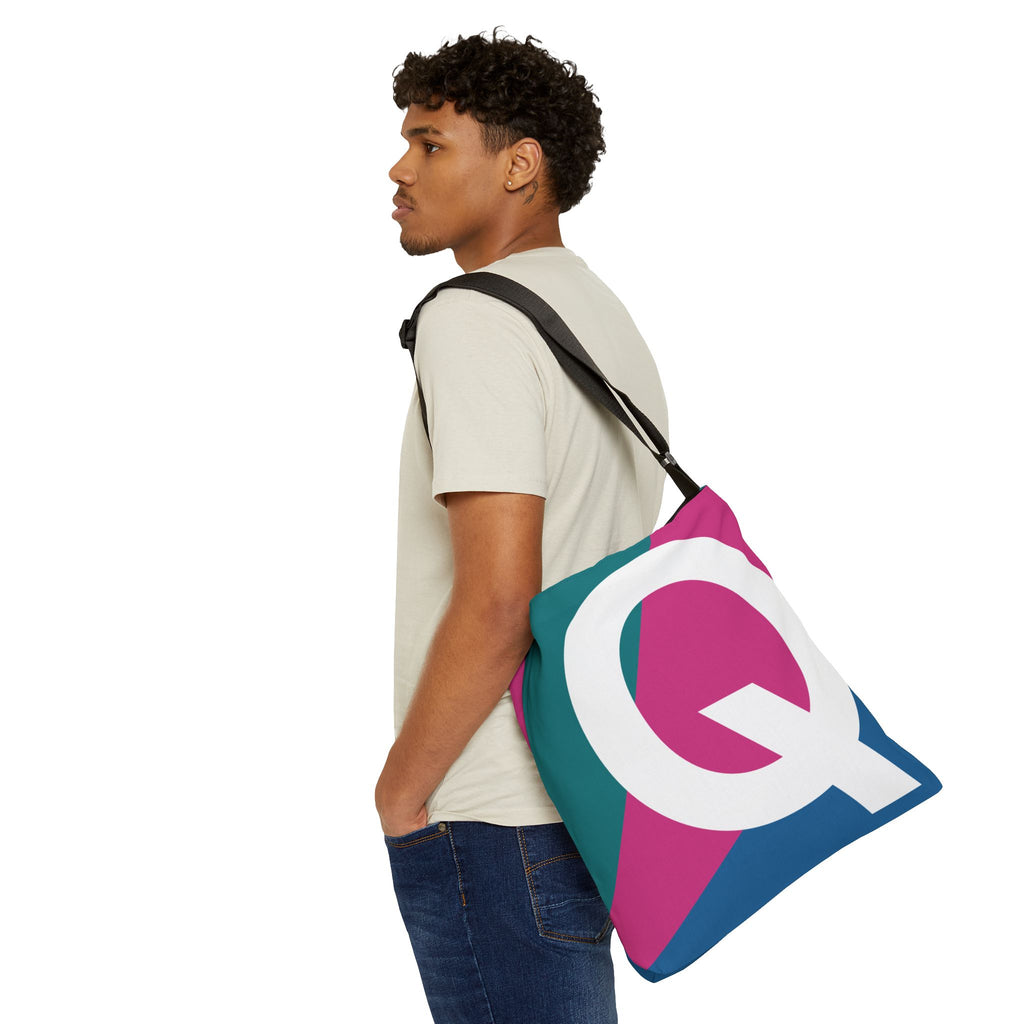 Initial Letter 'Q' Colorblock Adjustable Tote Bag — Monogram Alphabet Shoulder Bag